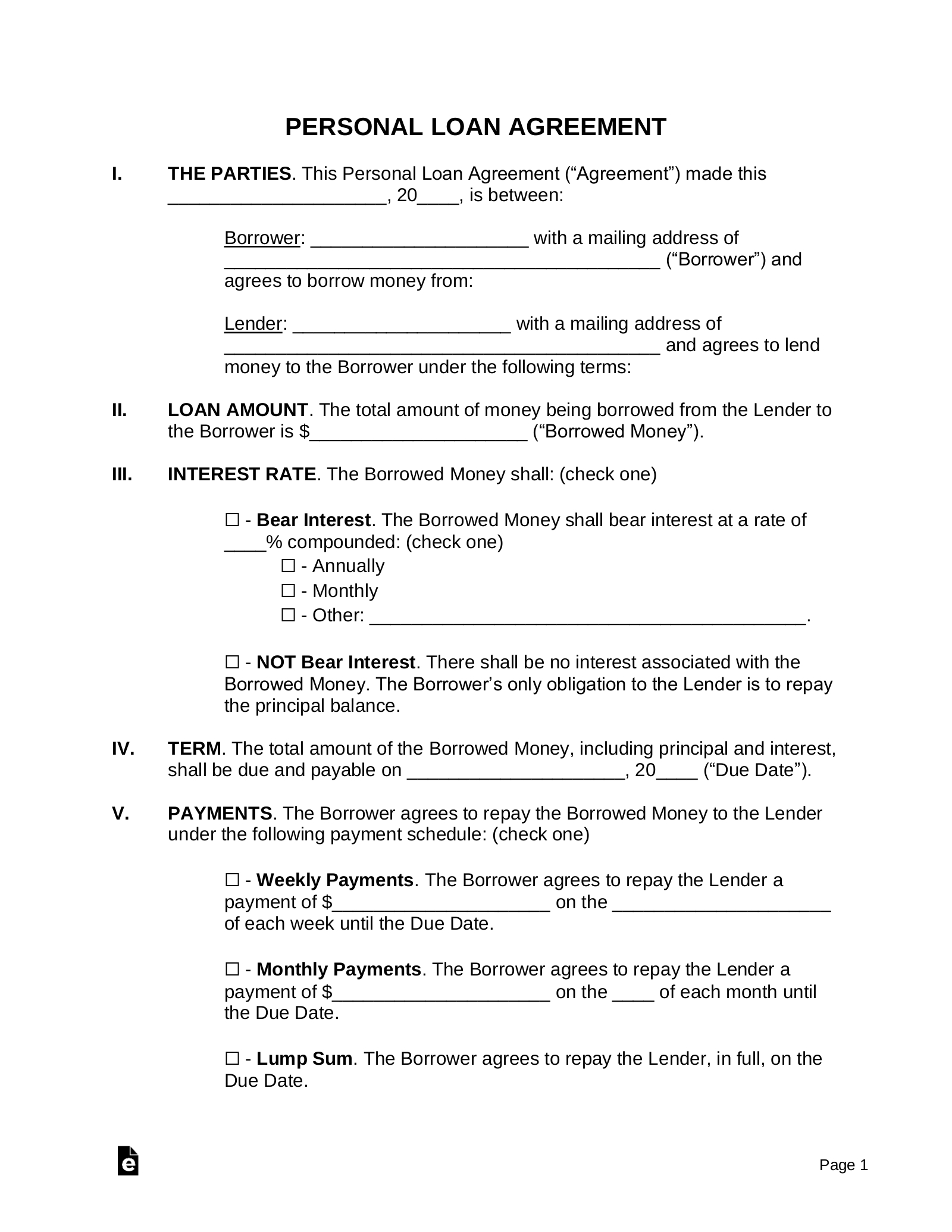 Free Personal Loan Agreement Template | Sample - Pdf | Word – Eforms within Free Printable Personal Loan Forms