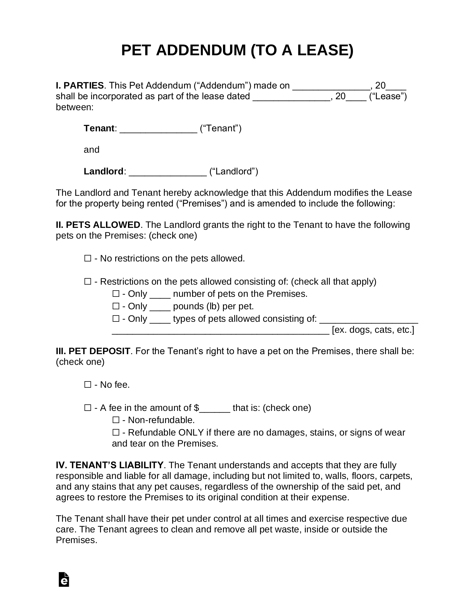 Free Pet Addendum To Lease - Pdf | Word – Eforms with regard to Free Printable Pet Addendum