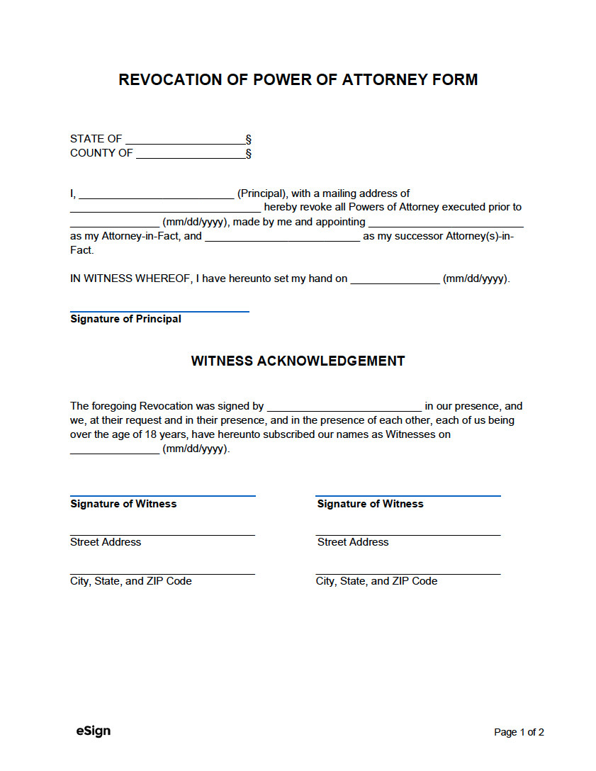 Free Power Of Attorney Revocation Form | Pdf | Word with regard to Free Printable Revocation of Power of Attorney Form