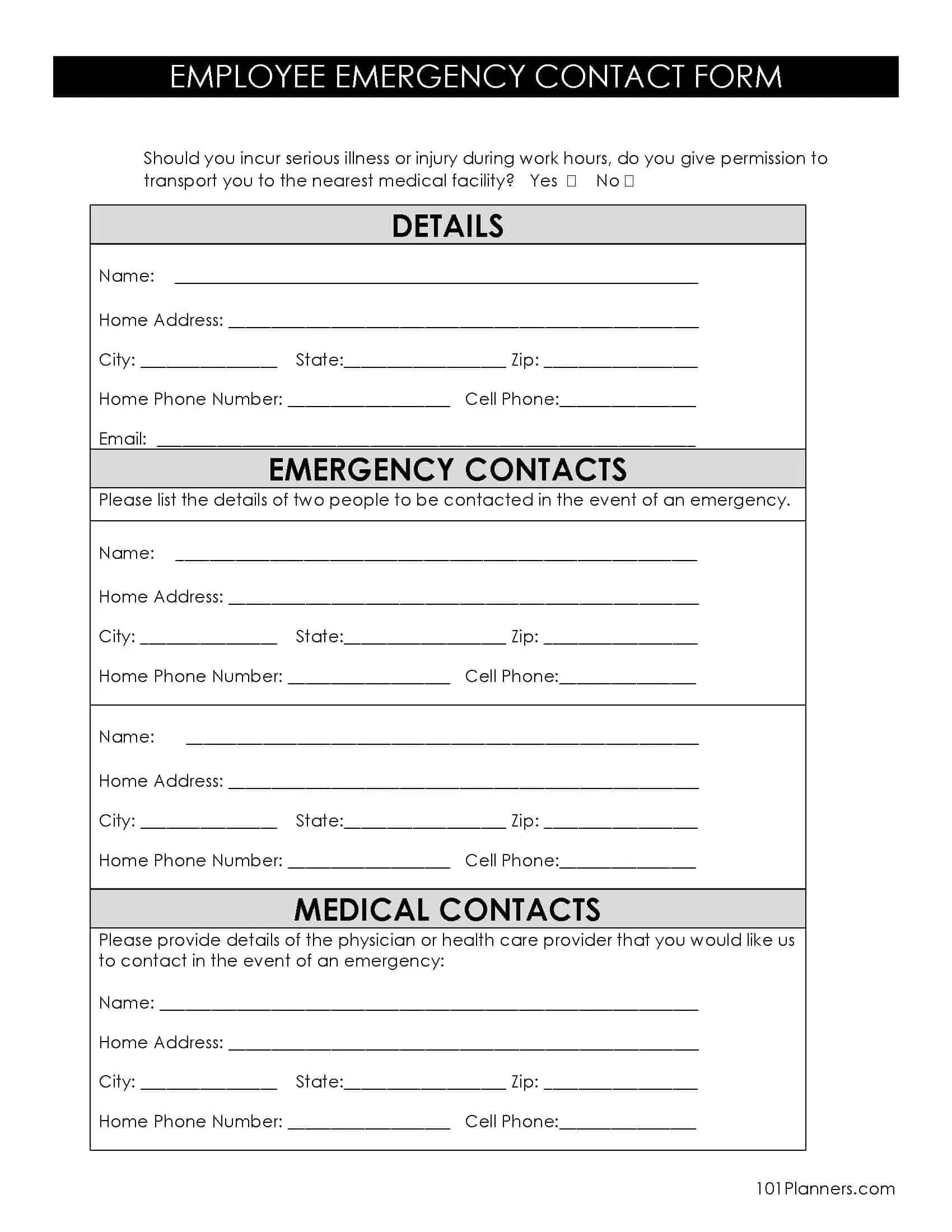 Free Printable And Editable Emergency Contact Form intended for Free Printable Contact Forms