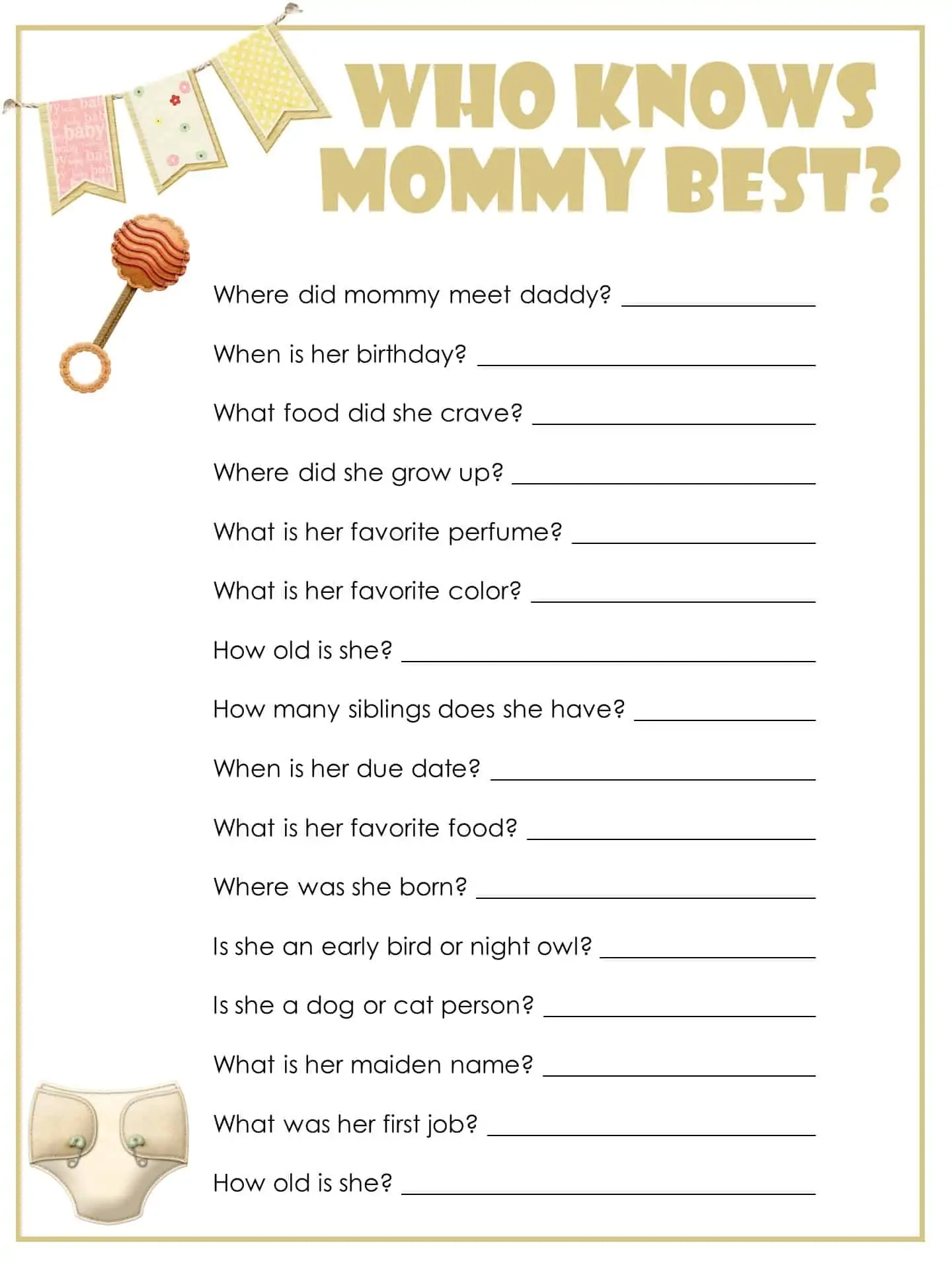 Free Printable Baby Shower Games | Instant Download with regard to Who Knows Mommy Best Free Printable