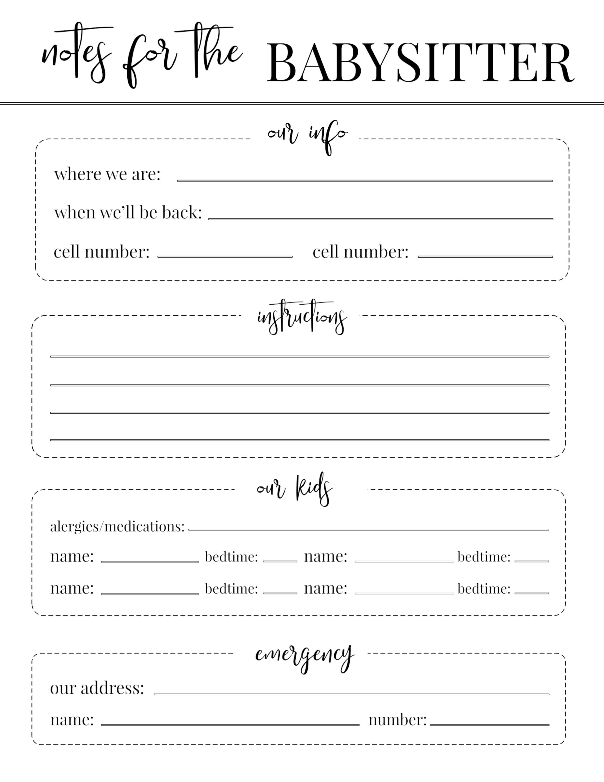 Free Printable Babysitter Notes Template - Paper Trail Design pertaining to Babysitter Notes Free Printable