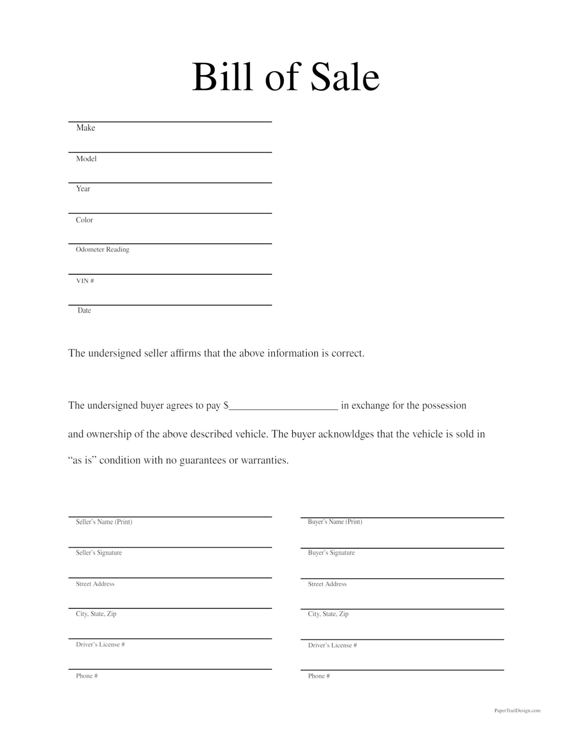 Free Printable Bill Of Sale Template - Paper Trail Design throughout Free Printable Blank Auto Bill of Sale