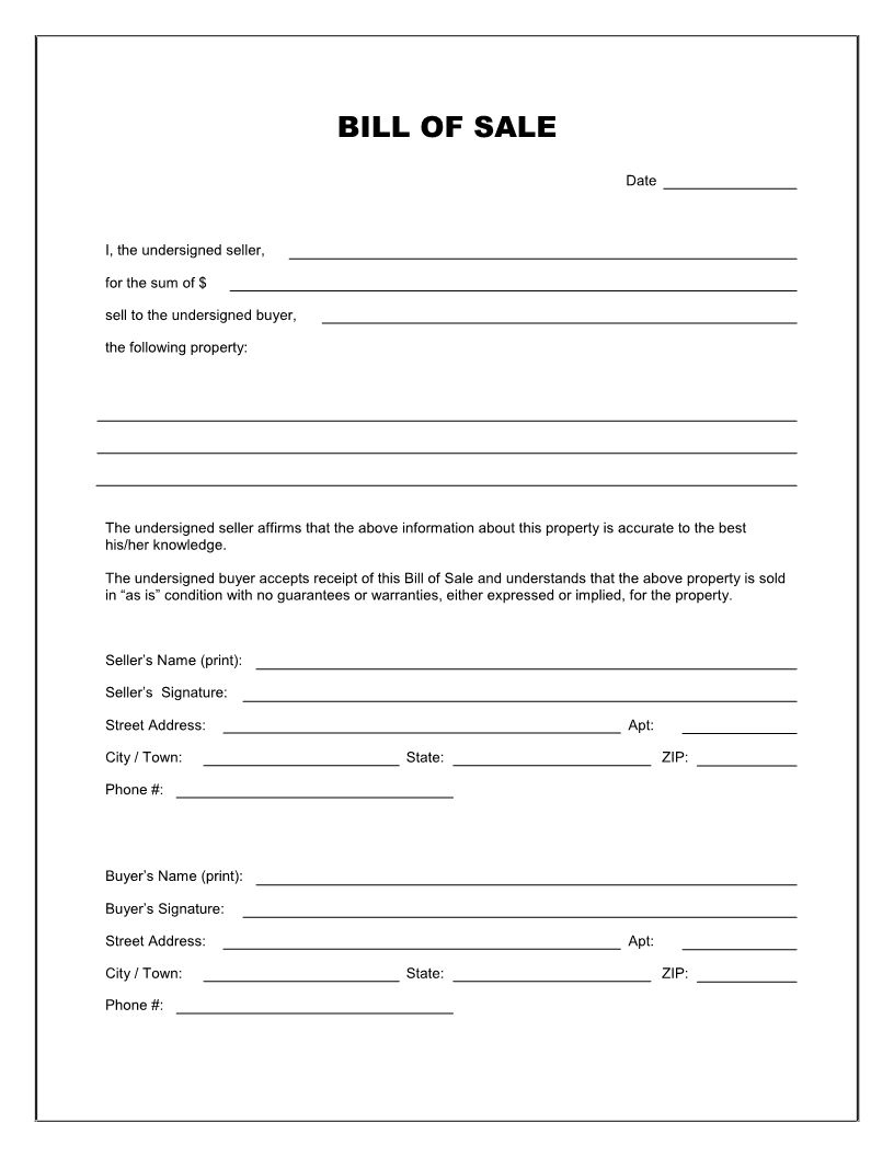 Free Printable Blank Bill Of Sale Form Template U2013 As Is Bill within Free Printable Bill Of Sale Form