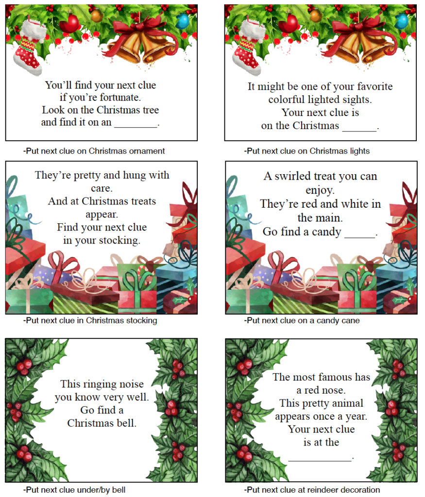 Free Printable Christmas Treasure Hunt: 30 Clues Plus Blanks with Free Printable Christmas Treasure Hunt Clues