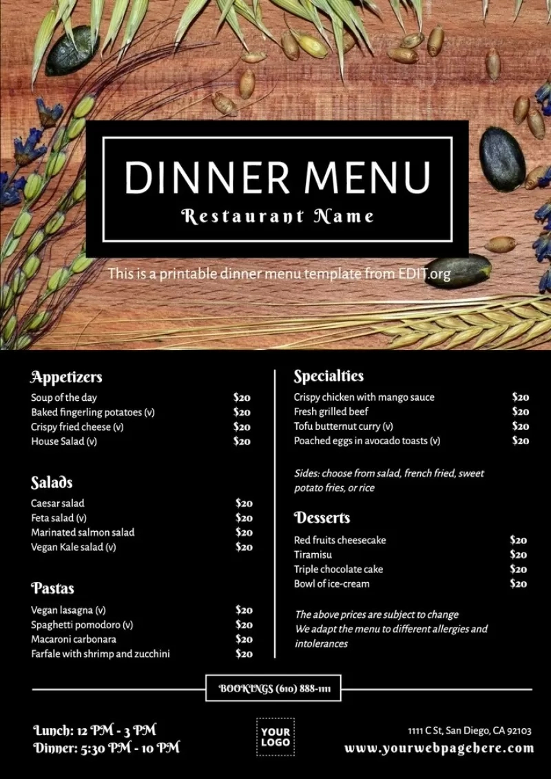 Free Printable Dinner Menu Templates with regard to Free Printable Restaurant Menu Templates