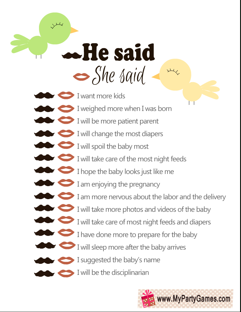 Free Printable He Said, She Said Baby Shower Game with regard to Mustache Baby Shower Games Free Printables