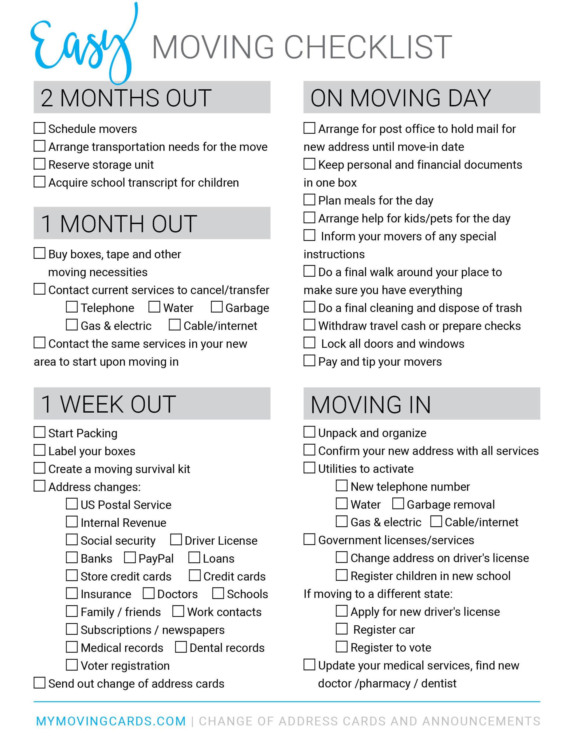 Free Printable Moving Checklist | Personalized Moving Cards In regarding Free Printable Moving Checklist And Planner