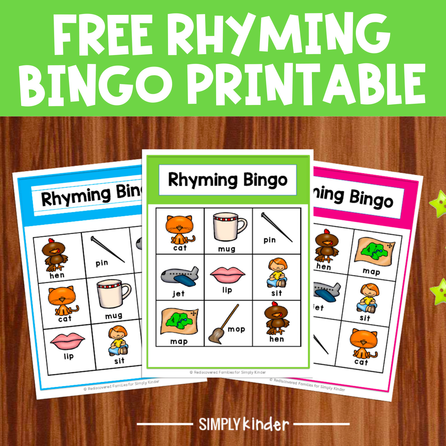 Free Printable Rhyming Bingo Game For Kindergarten - Simply Kinder intended for Free Printable Rhyming Activities for Kindergarten