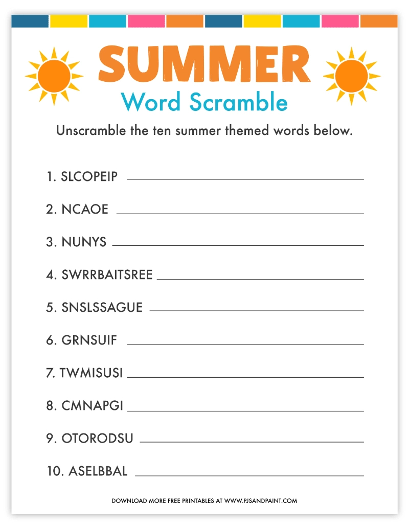 Free Printable Summer Word Scramble - Pjs And Paint pertaining to Unscramble Word Games Printable Free