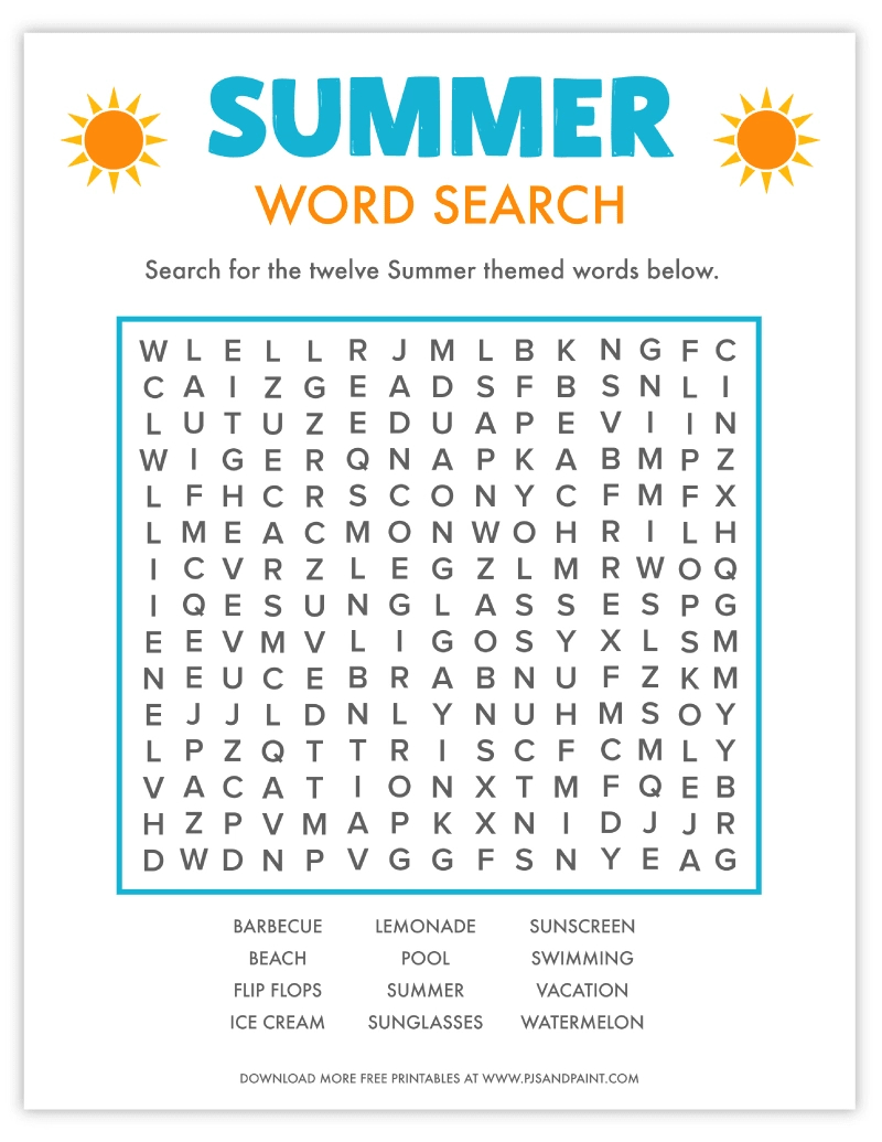 Free Printable Summer Word Search - Pjs And Paint for Free Printable Summer Games