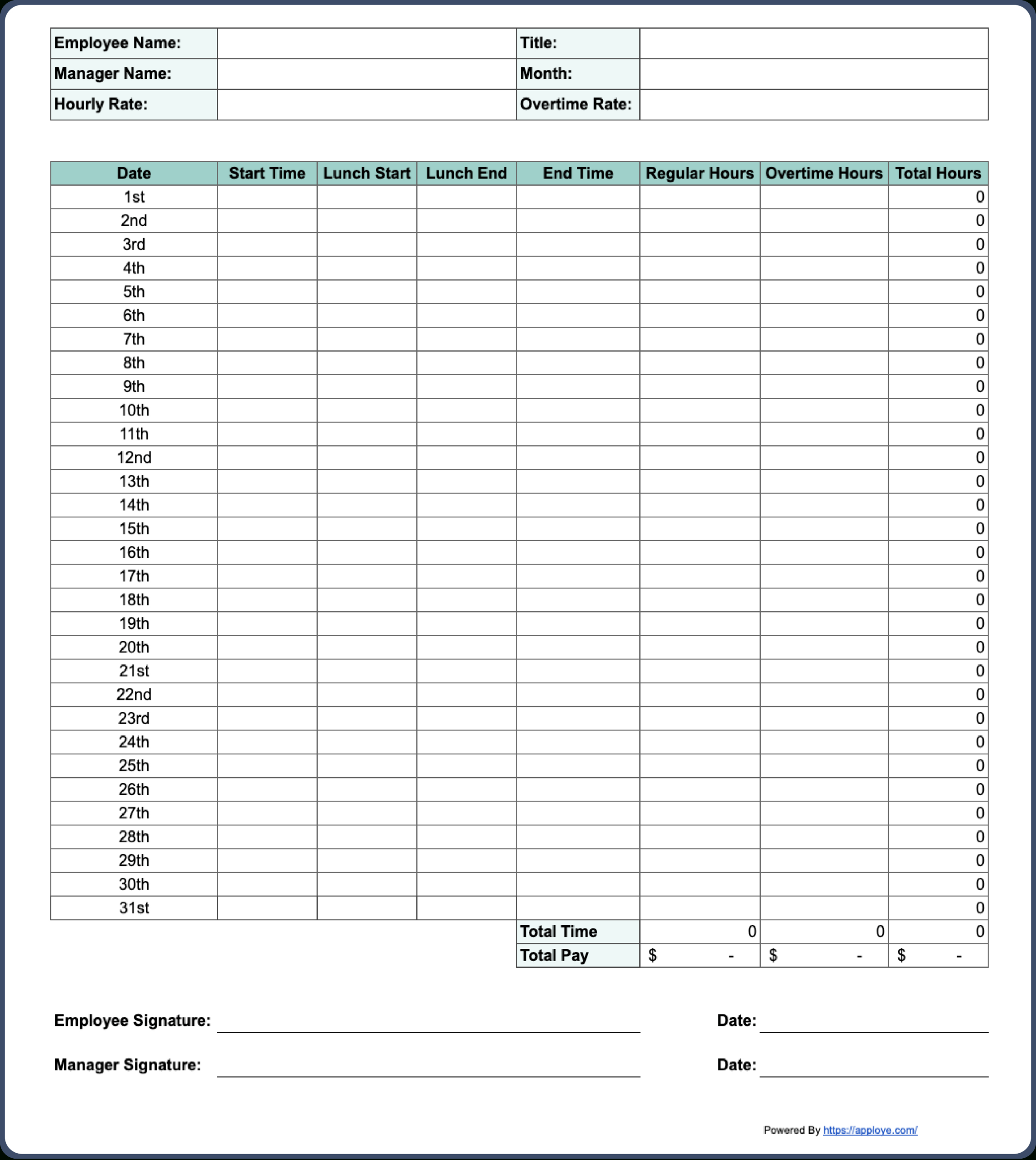 Free Printable Timesheet Templates (Excel, Word, Pdf) with Monthly Timesheet Template Free Printable