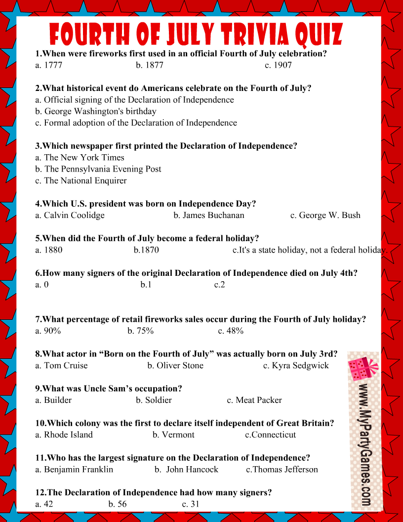 Free Printable Usa Independence Day Trivia Quiz inside Free Printable 4Th Of July Trivia Questions And Answers
