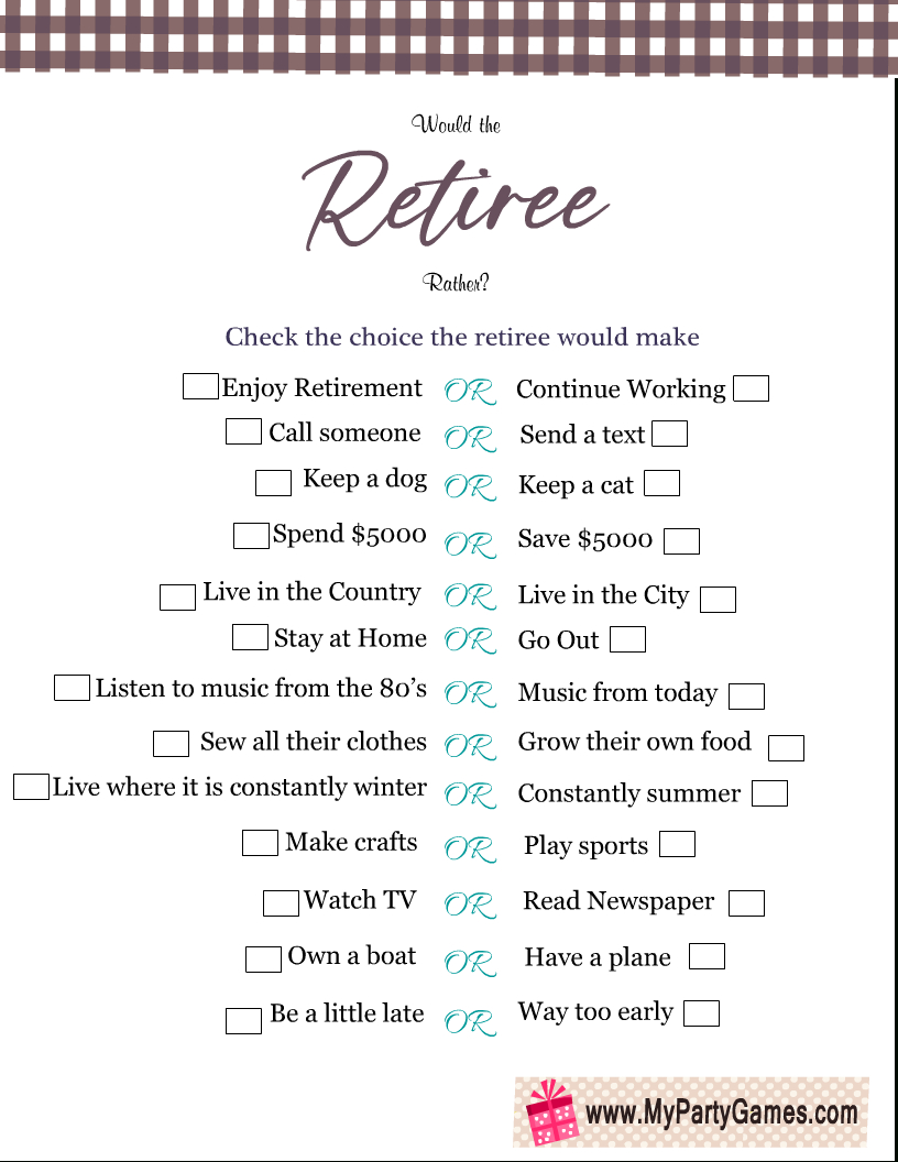 Free Printable Would The Retiree Rather? Retirement Game intended for Retirement Party Games Free Printable