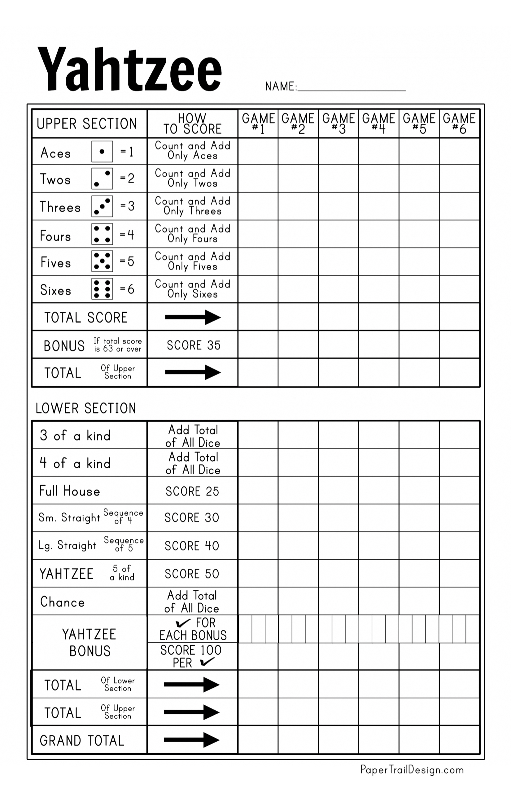 Free Printable Yahtzee Score Card - Paper Trail Design inside Free Printable Yahtzee Score Sheets