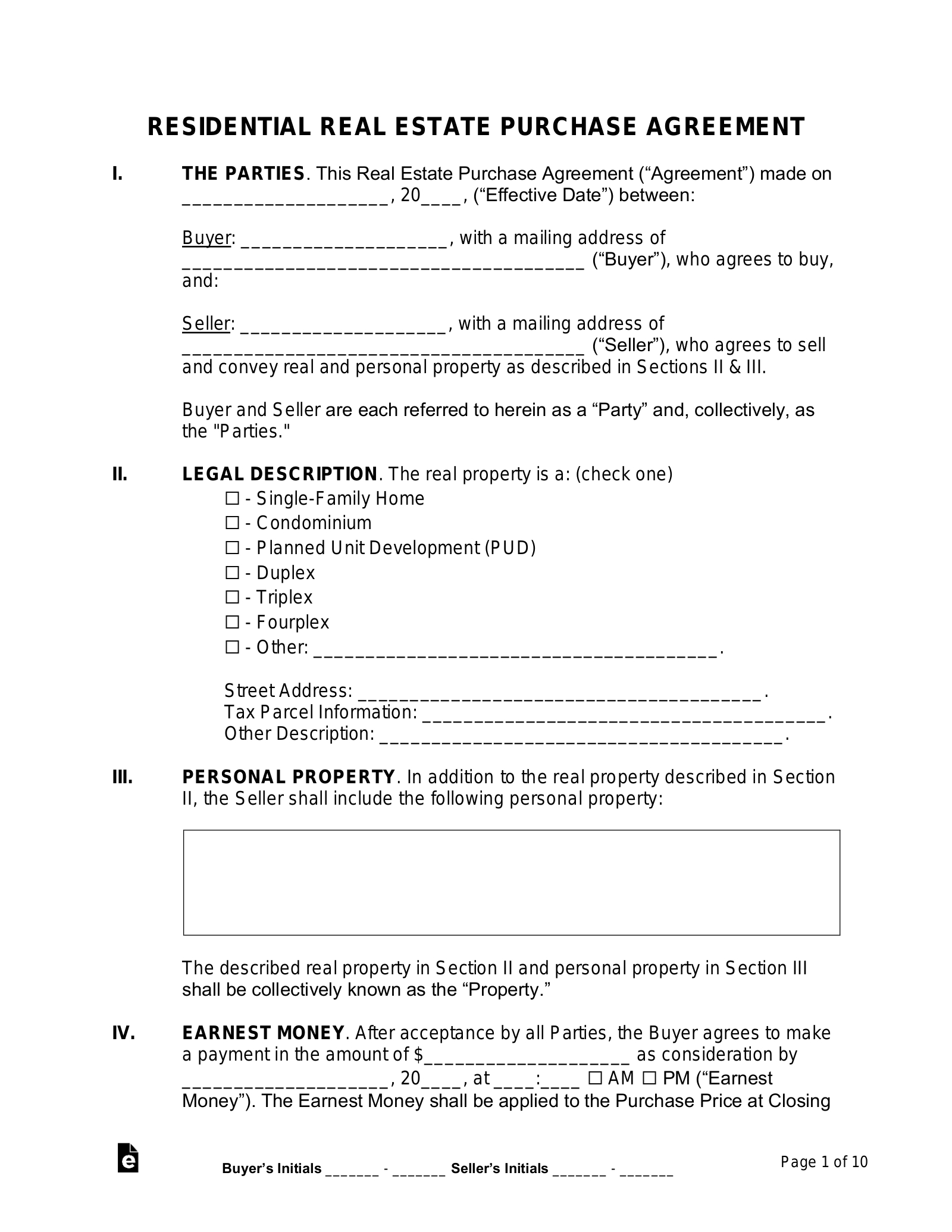 Free Purchase And Sale Agreement Template - Pdf | Word – Eforms pertaining to Free Printable Real Estate Forms