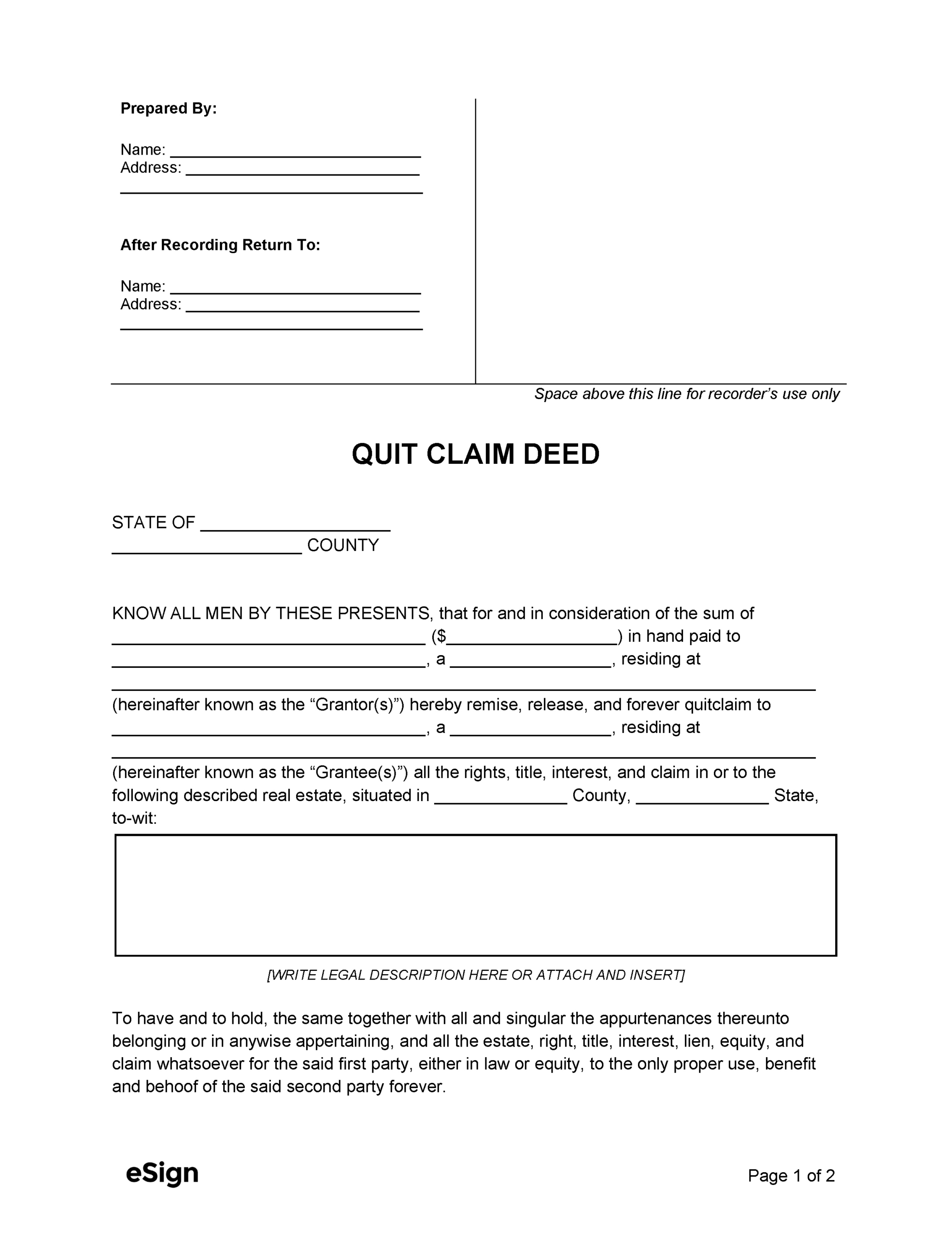 Free Quit Claim Deed Form | Pdf | Word regarding Free Printable Quit Claim Deed Form Indiana