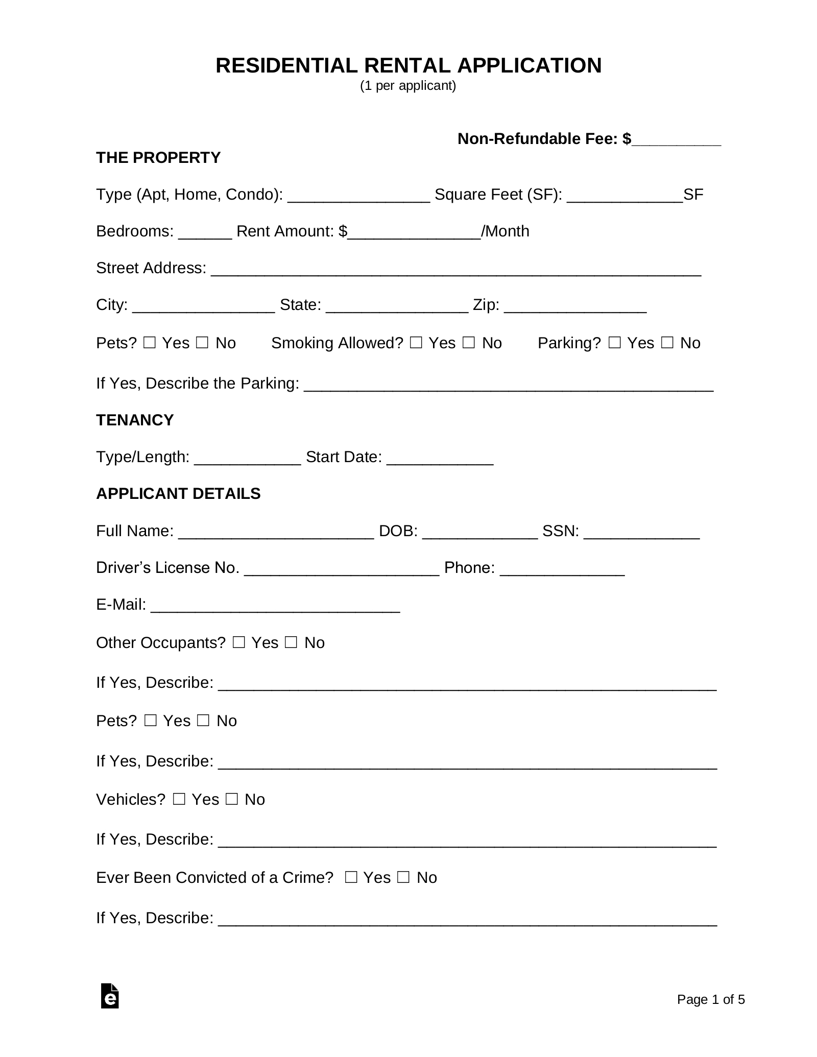 Free Rental Application Form - Pdf | Word – Eforms pertaining to Free Printable Rental Application