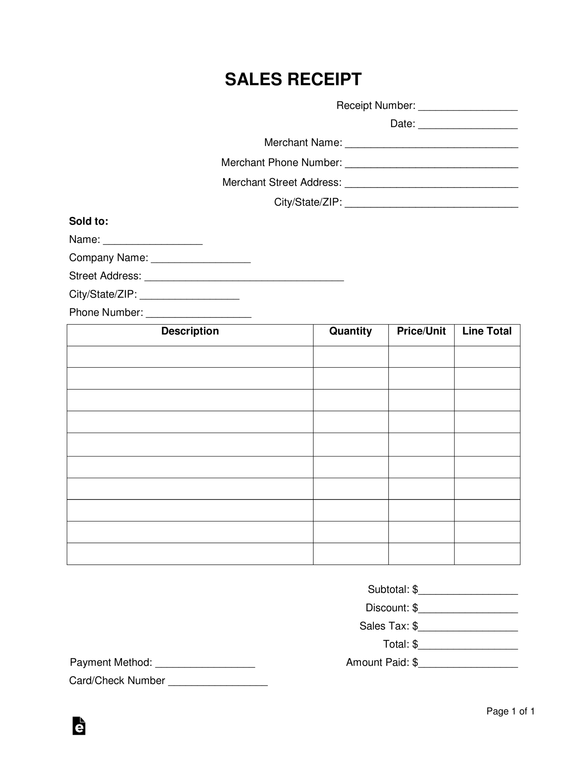 Free Sales Receipt Template - Pdf | Word – Eforms inside Free Printable Sales Receipt Form