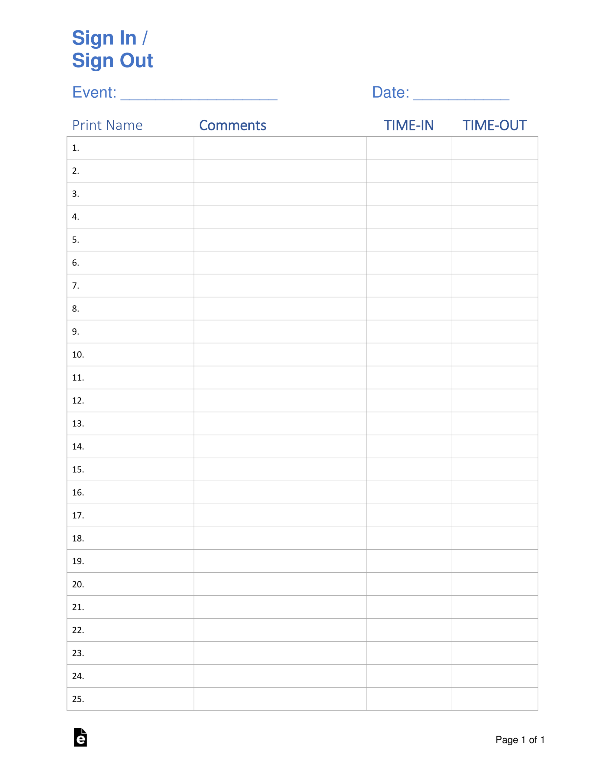 Free Sign In / Sign Up Sheet Templates - Pdf | Word – Eforms inside Free Printable Sign In Sheet