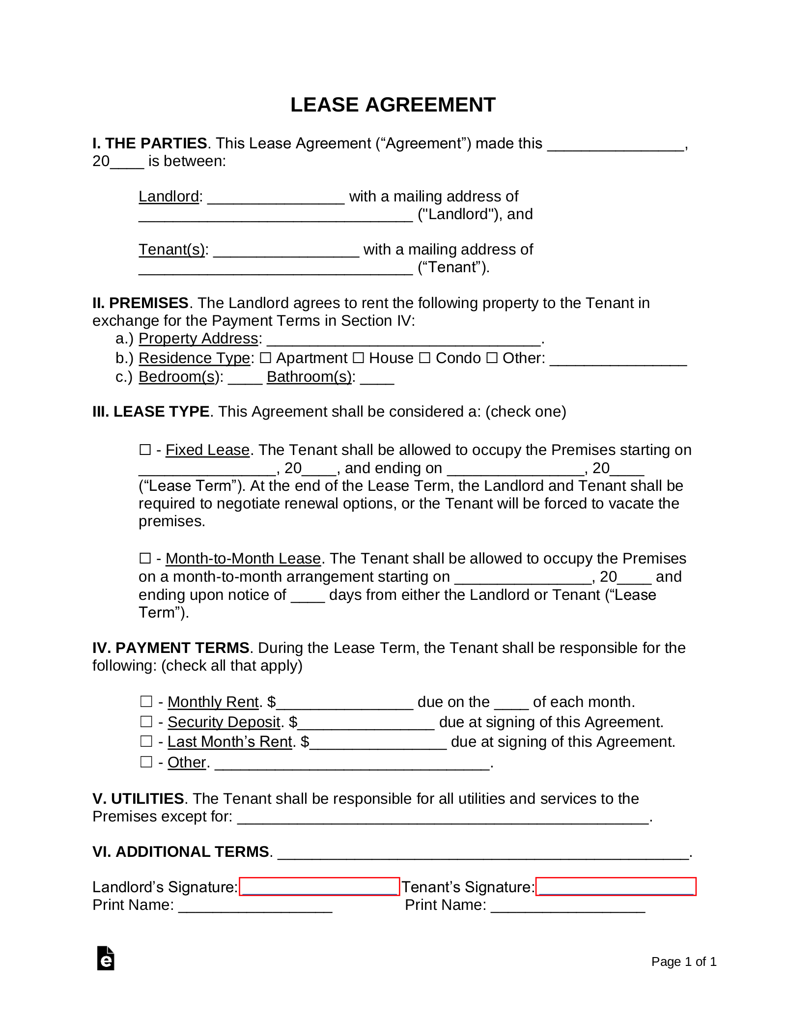 Free Simple 1-Page Lease Agreement Template | Sample - Pdf | Word for Apartment Lease Agreement Free Printable