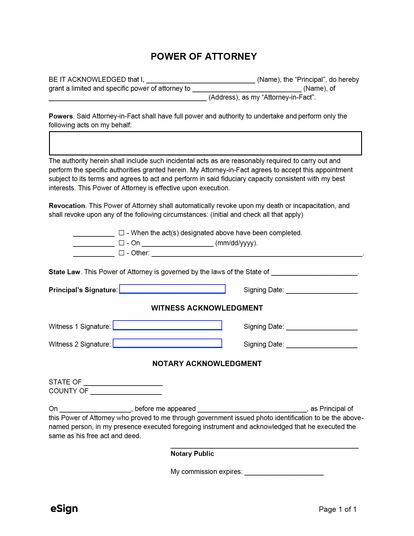 Free Simple (1-Page) Power Of Attorney Form | Pdf | Word throughout Free Printable Power Of Attorney Forms Online