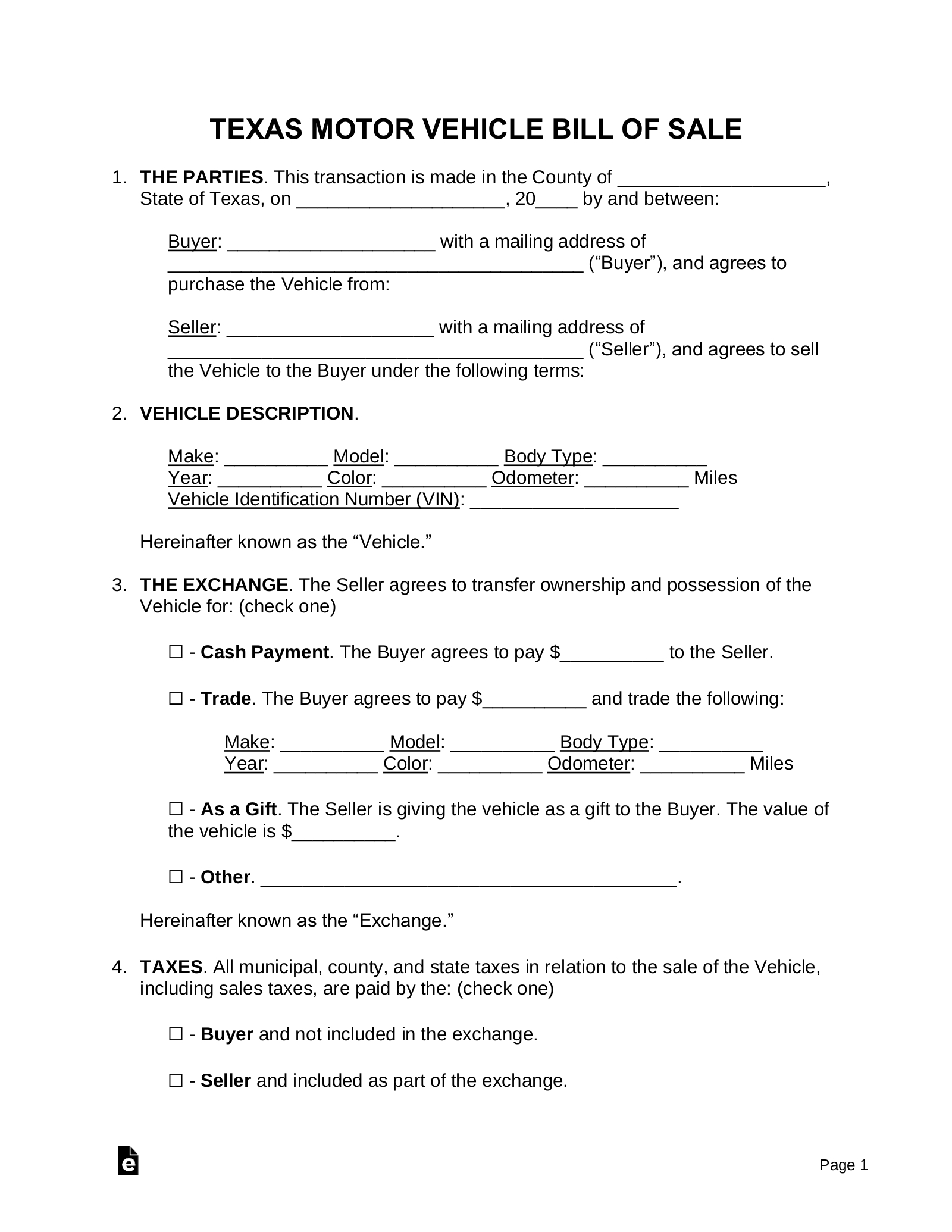 Free Texas Bill Of Sale Forms (4) - Pdf | Word – Eforms with Free Printable Texas Bill Of Sale Form