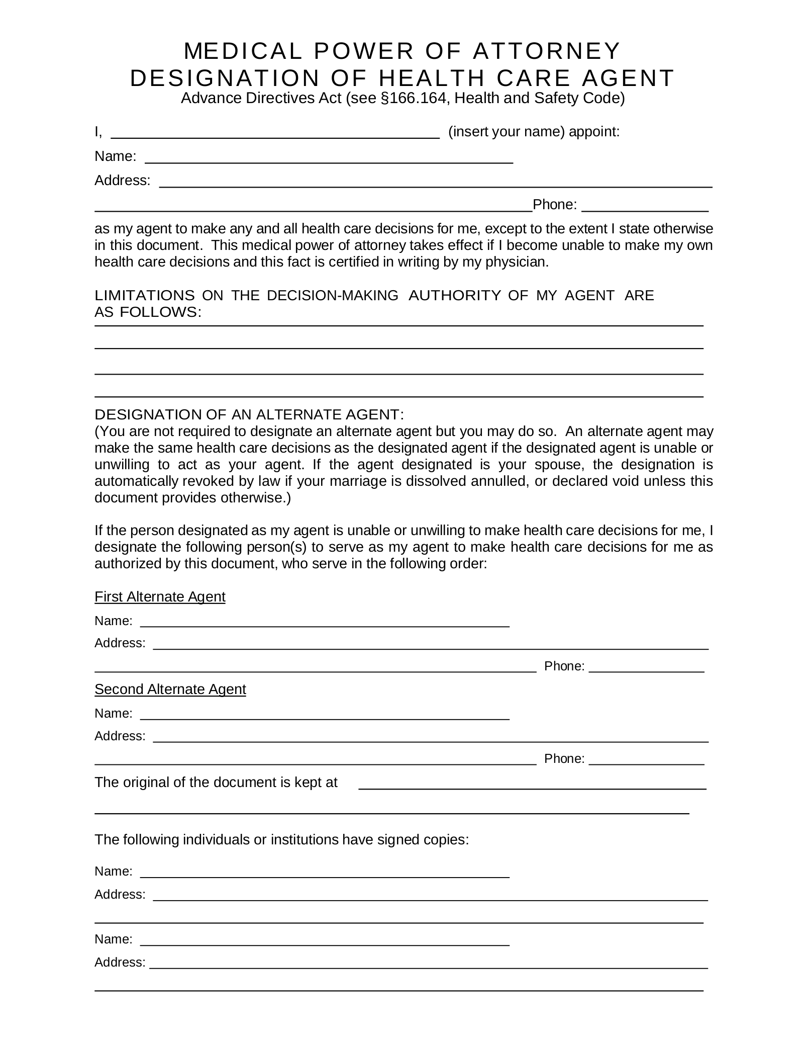 Free Texas Medical Power Of Attorney Form - Pdf – Eforms in Free Printable Medical Power of Attorney