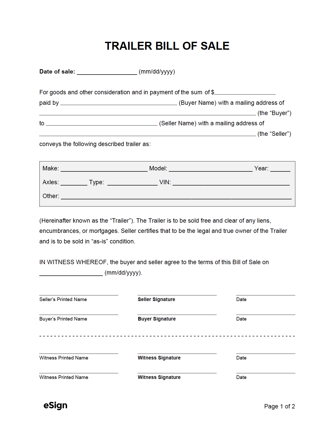 Free Trailer Bill Of Sale Form | Pdf | Word with Free Printable Bill Of Sale For Trailer
