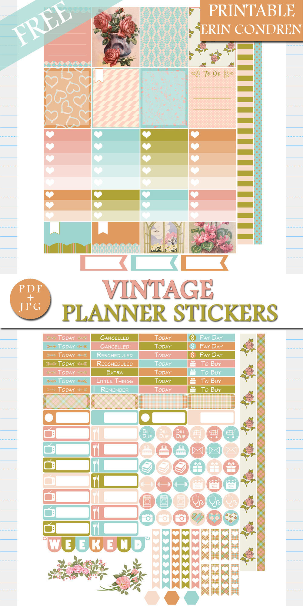 Free Vintage Planner Stickers For Erin Condren inside Printable Erin Condren Stickers Free