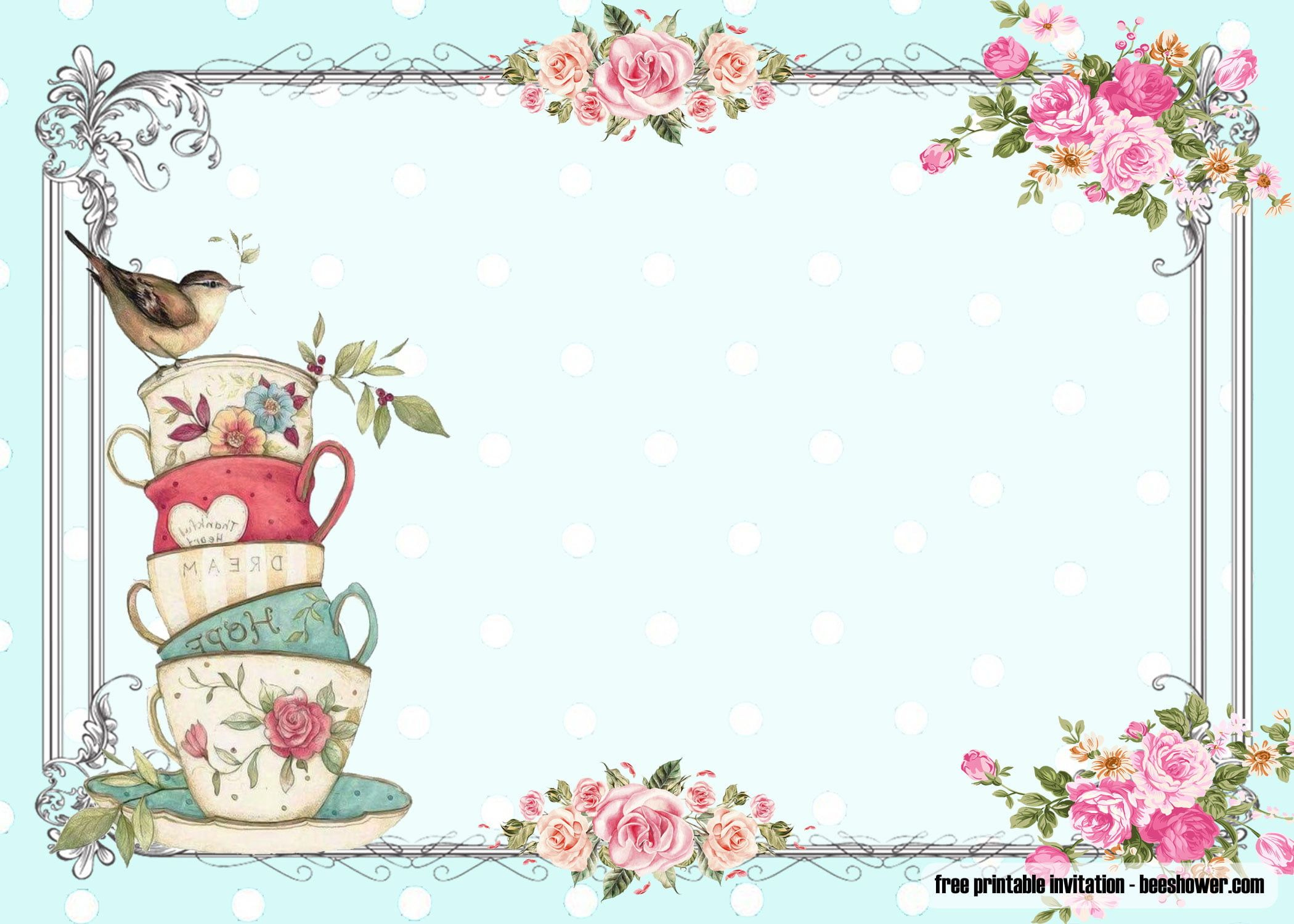 Free Vintage Tea Party Baby Shower Invitations | Tea Party Baby for Free Printable Vintage Tea Party Invitations