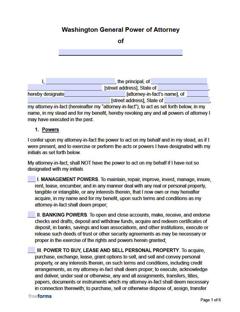 Free Washington General (Financial) Power Of Attorney Form | Pdf intended for Free Printable Power of Attorney Form Washington State