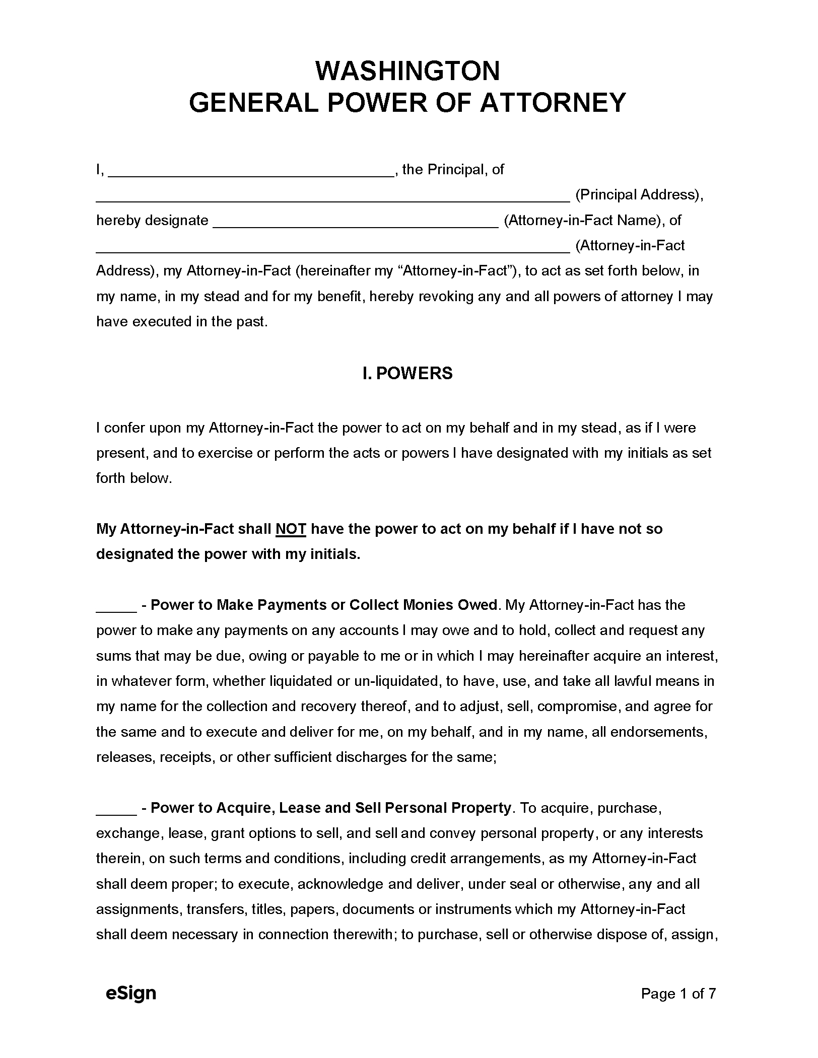 Free Washington General Power Of Attorney Form | Pdf | Word regarding Free Printable Power Of Attorney Form Washington State