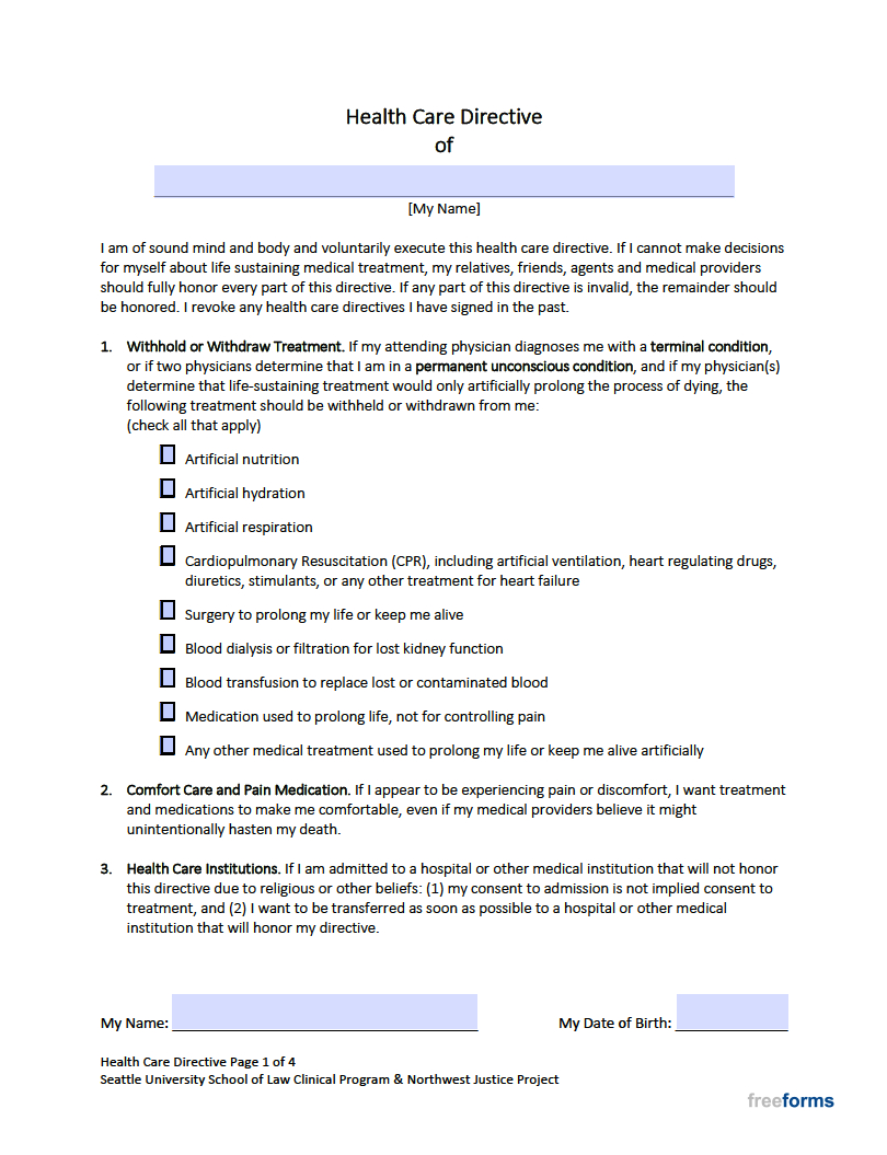 Free Washington Living Will Form | Pdf intended for Free Printable Living Will Forms Washington State