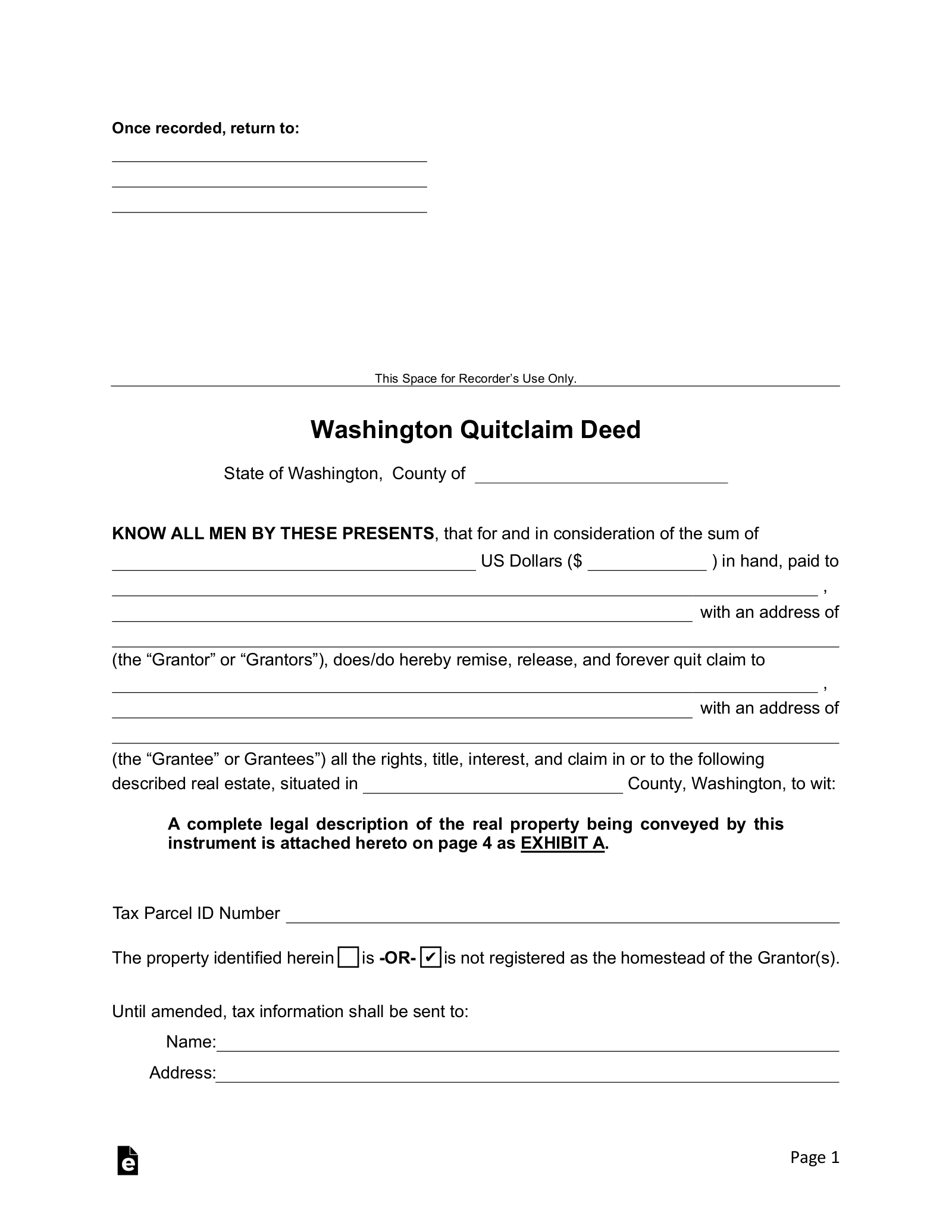 Free Washington Quit Claim Deed Form - Pdf | Word – Eforms for Free Printable Quit Claim Deed Washington State Form