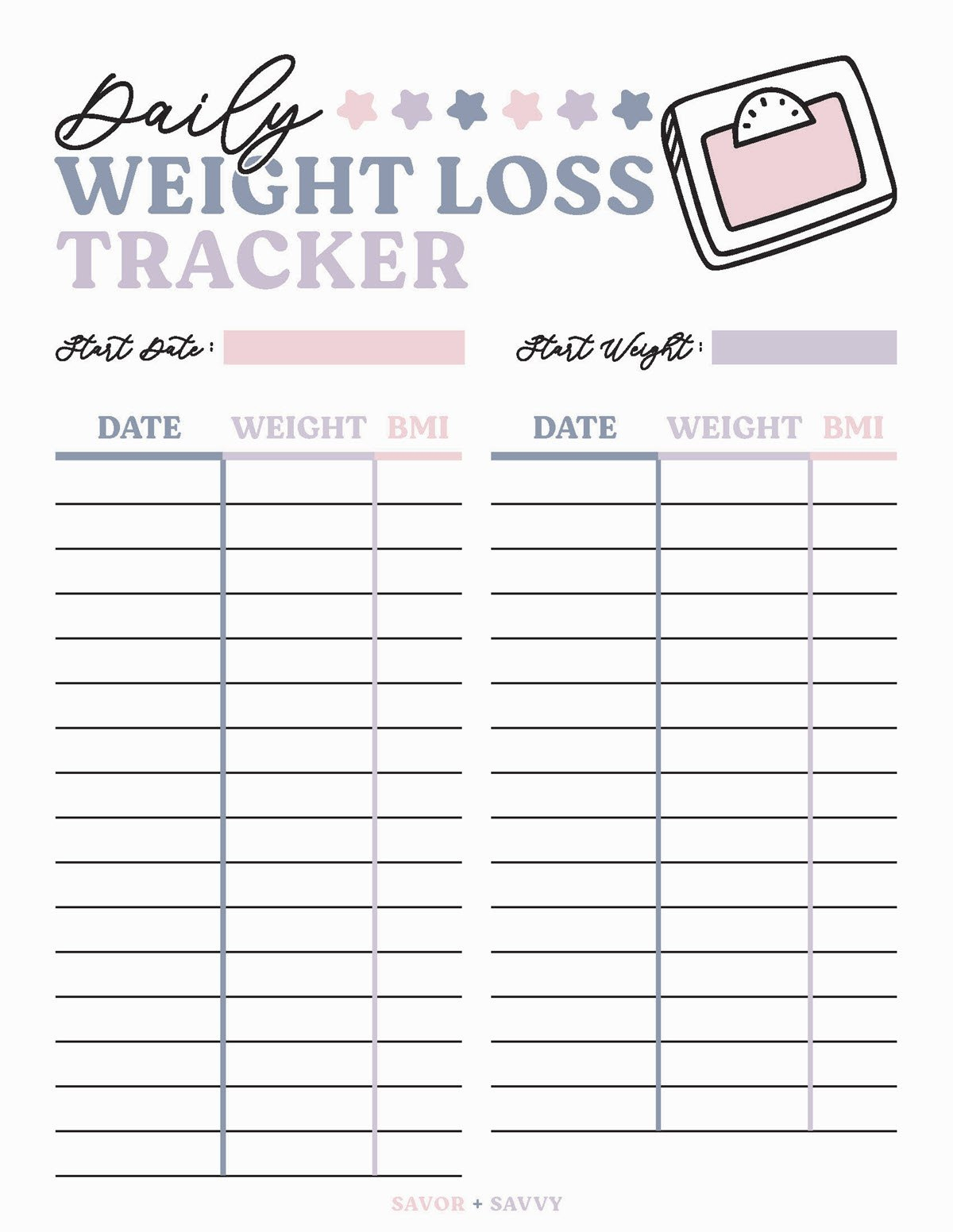 Free Weight Loss Tracker Printable - Savor + Savvy for Free Printable Weight Loss Chart