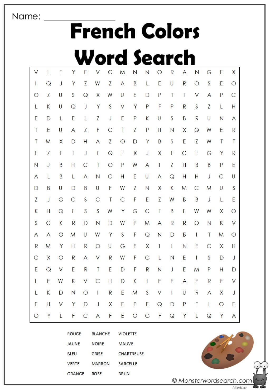 French Colors Word Search - Monster Word Search within French Word Searches Free Printable