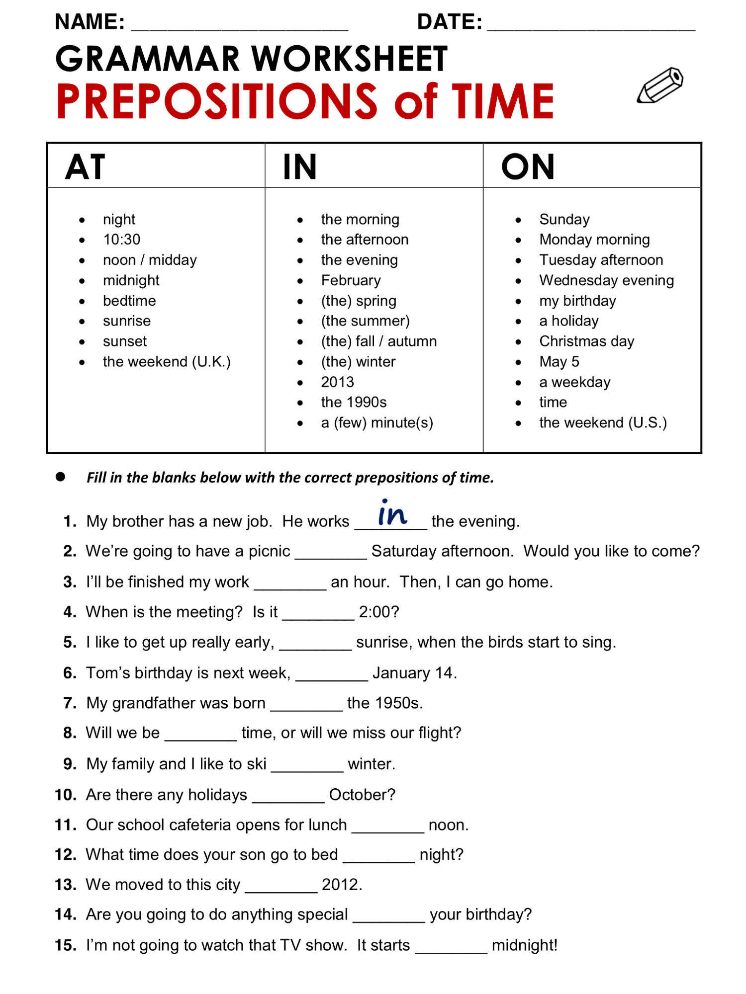 Fun English Grammar Worksheet Prepositions Of Time | Teaching pertaining to Free Printable Esl Grammar Worksheets