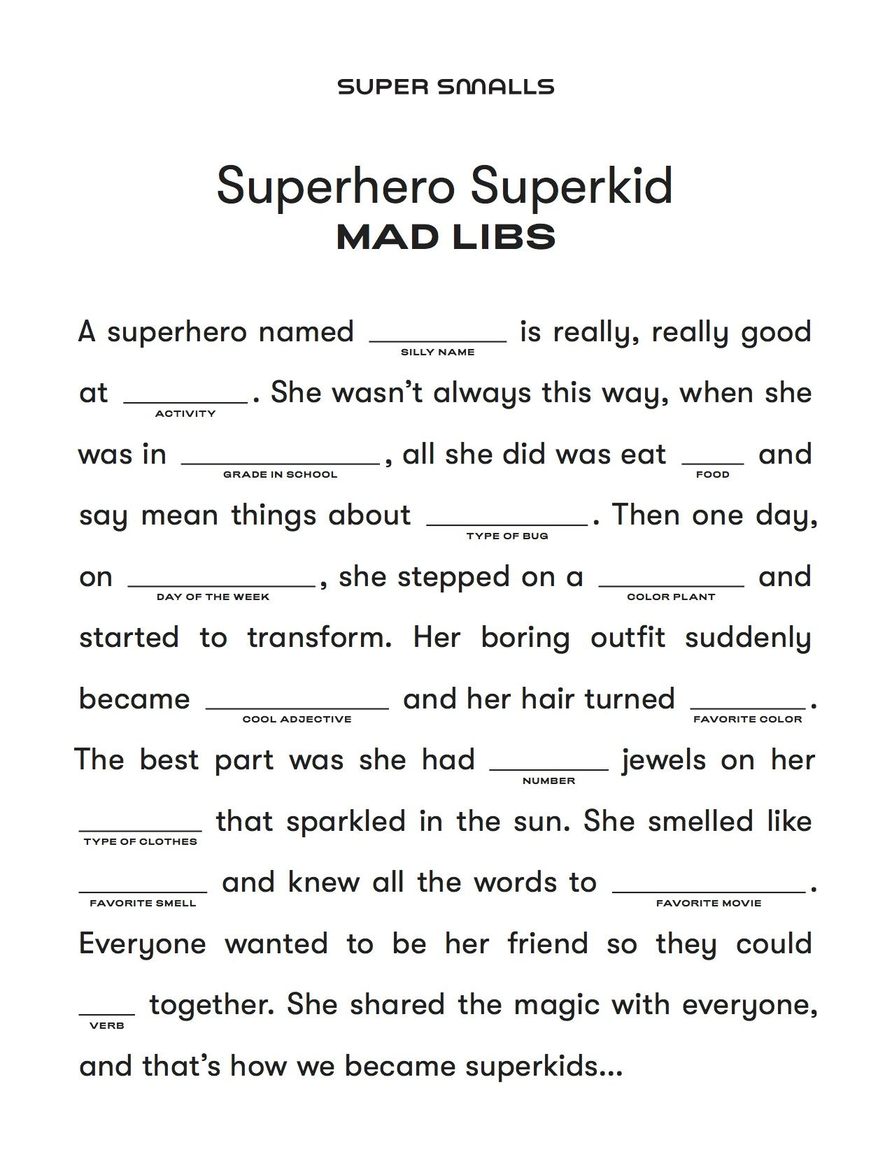 Fun Indoor Activities For Kids | Super Smalls - Kids Mad Libs for Printable Free Mad Libs Sheets