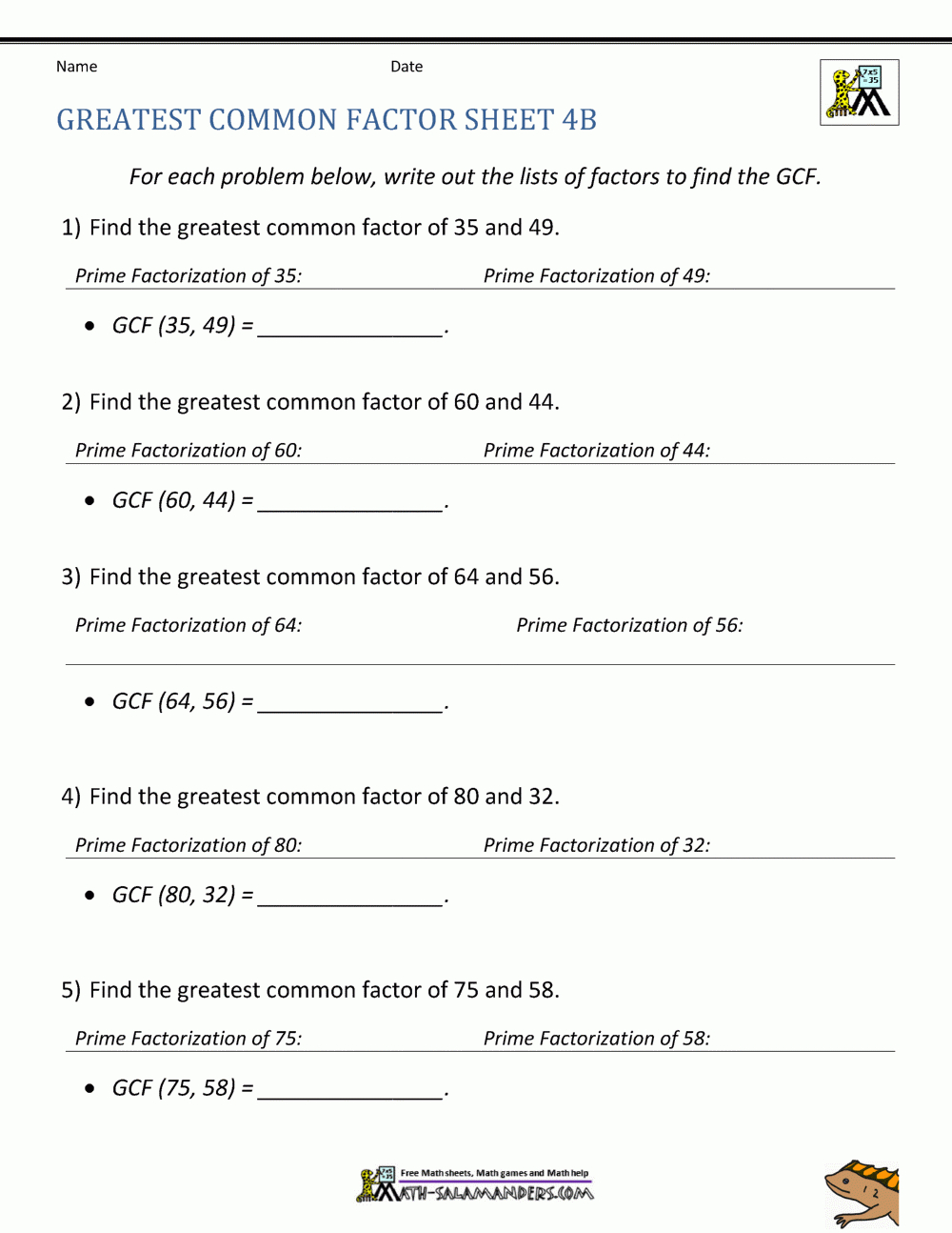 Greatest Common Factor Worksheet Page throughout Free Printable Greatest Common Factor Worksheets