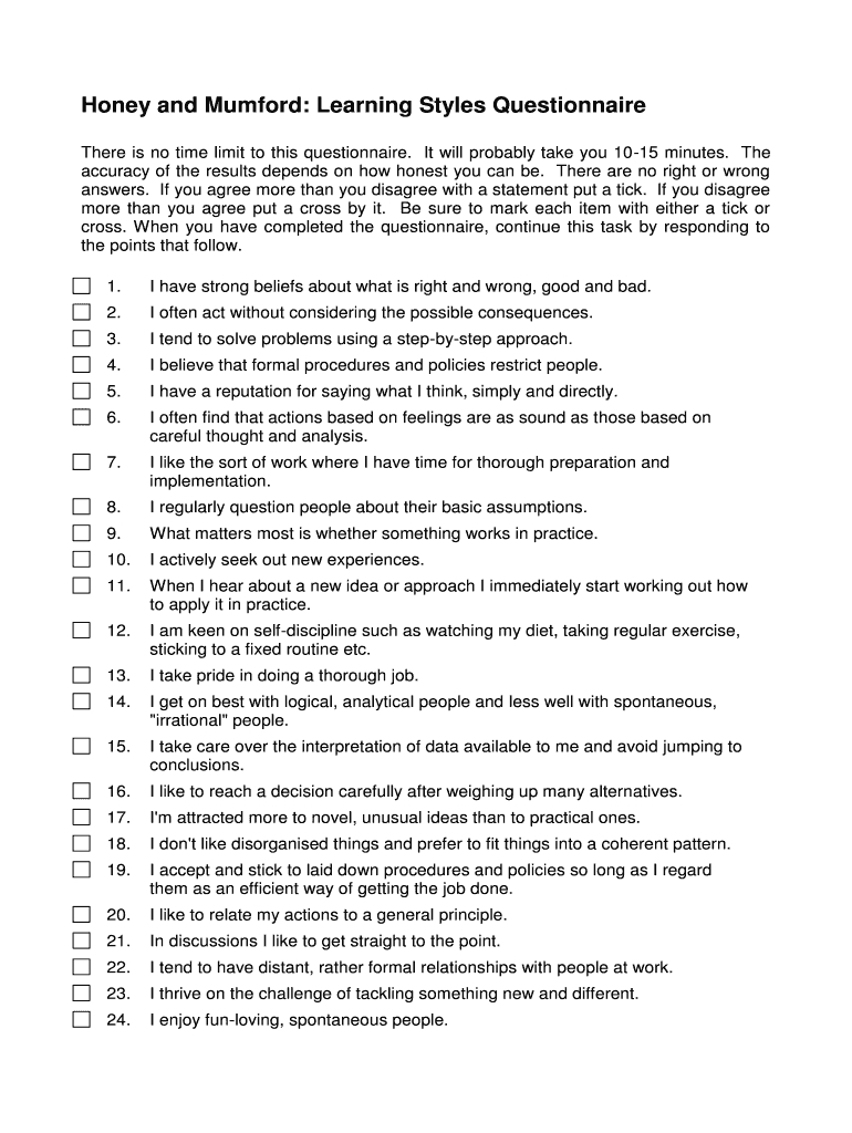 Honey And Mumford Learning Styles Questionnaire Word Document throughout Free Printable Learning Styles Questionnaire