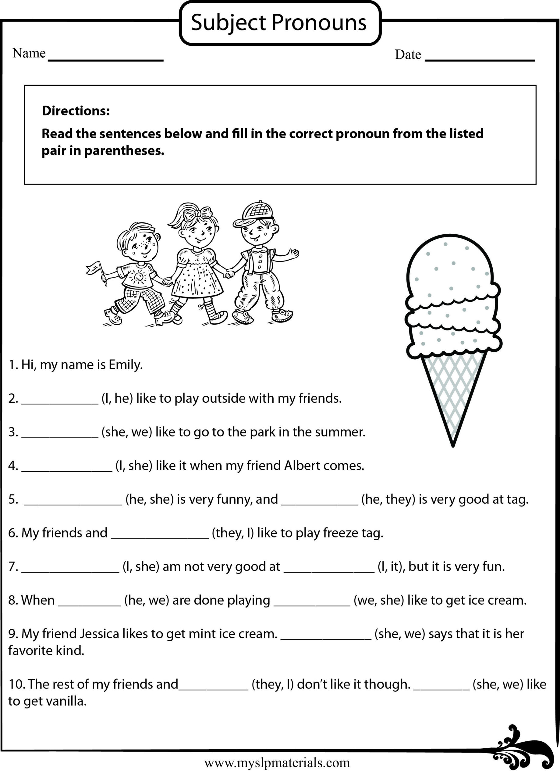 Https://Www.myslpmaterials Subject Pronoun Speech-Language with regard to Free Printable Pronoun Worksheets For 2Nd Grade