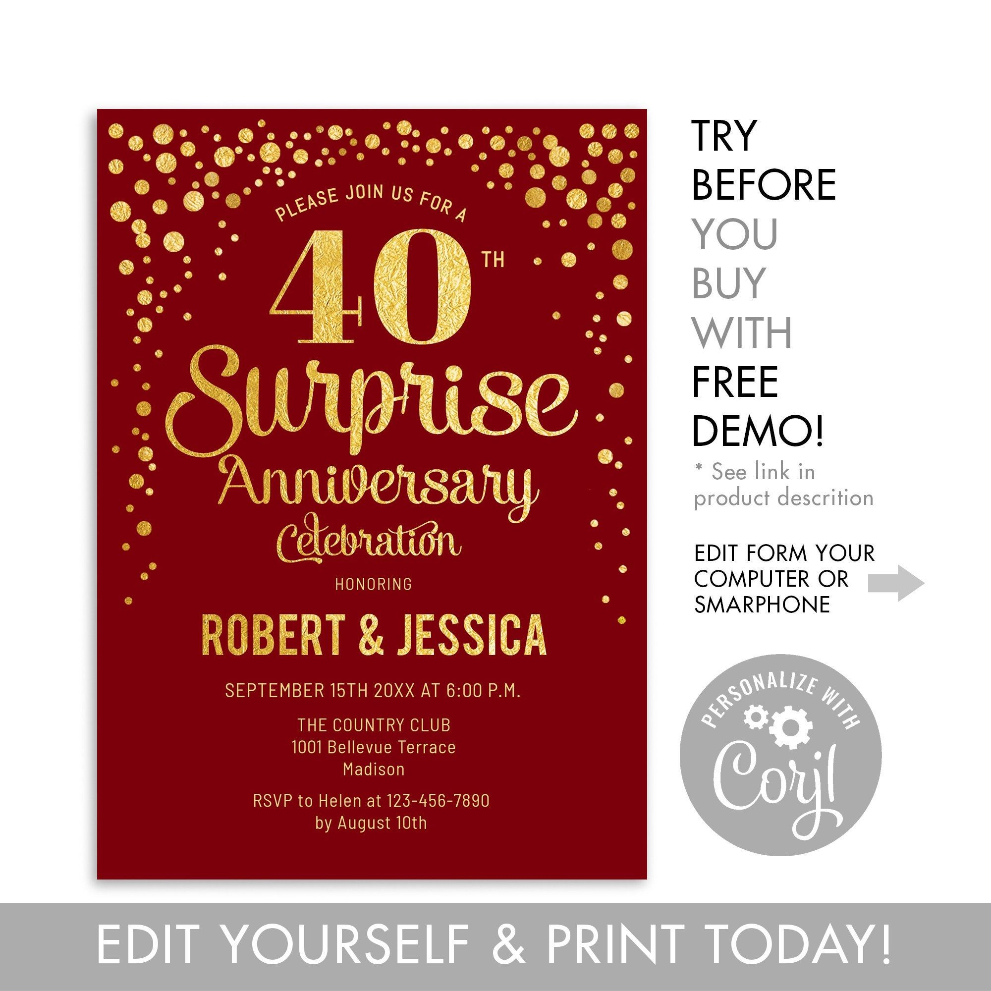 Instant Download 40Th Surprise Wedding Anniversary Party intended for Free Printable 40Th Anniversary Invitations