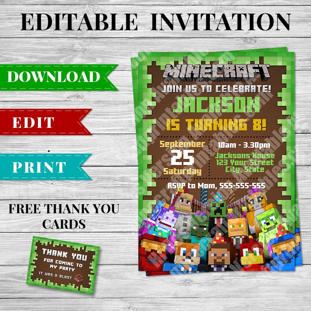 Invitations - Printable Minecraft Birthday Party Invitation regarding Free Printable Minecraft Birthday Party Invitations Templates