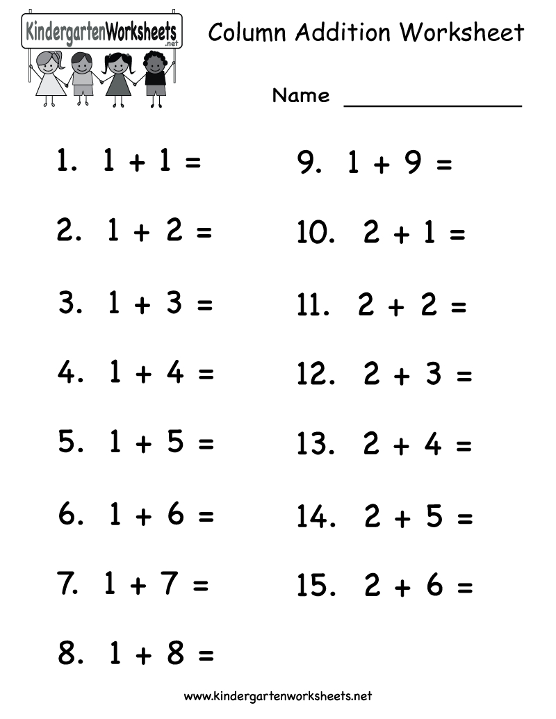 Kindergarten Column Addition Worksheet Printable | Kindergarten with Free Printable Math Addition Worksheets for Kindergarten