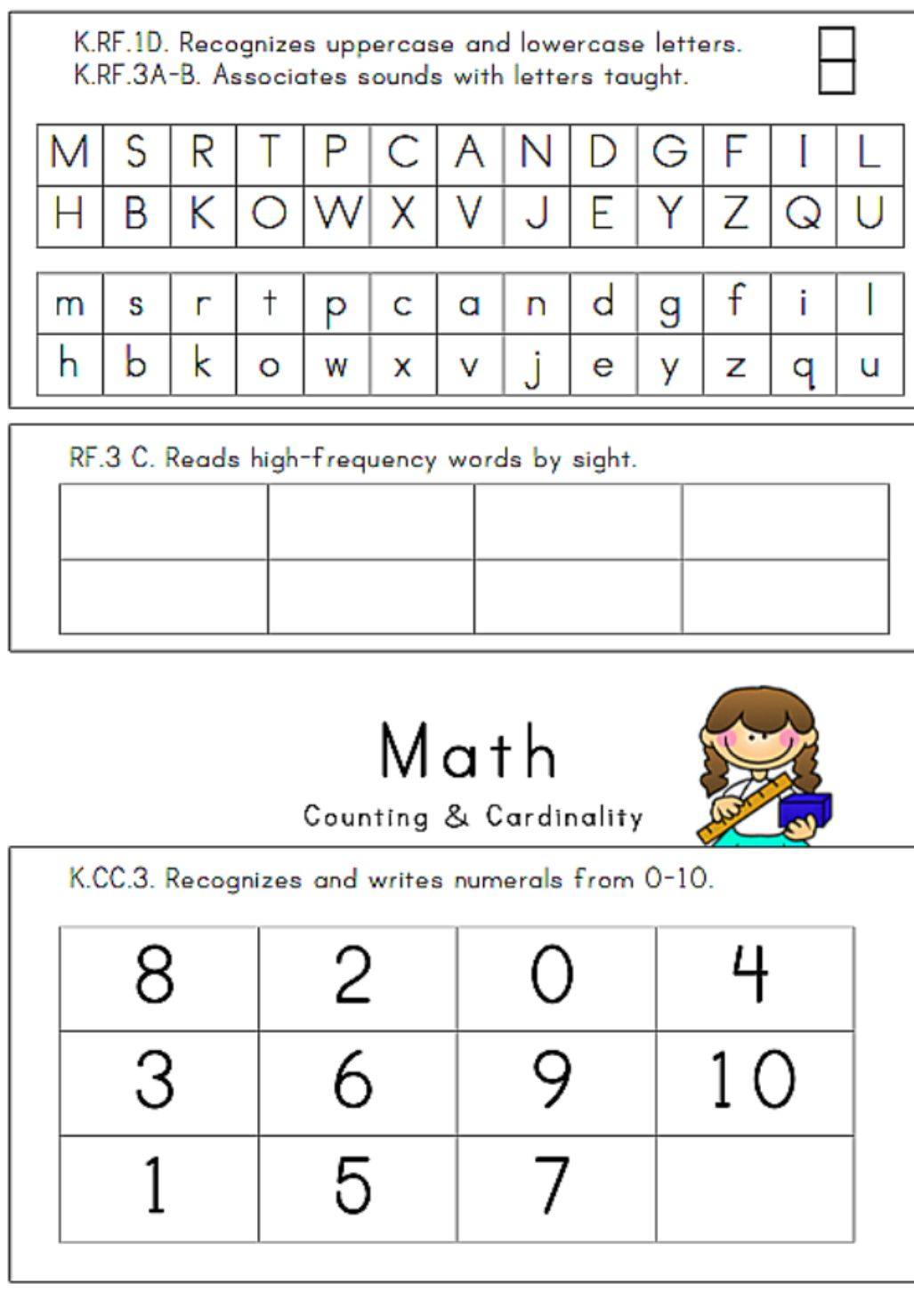 Kindergarten Entrance Exam regarding Free Printable Informal Math Assessments