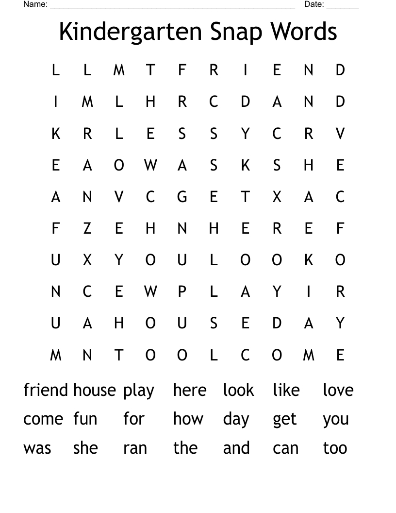 Kindergarten Snap Words for Free Printable Snapwords