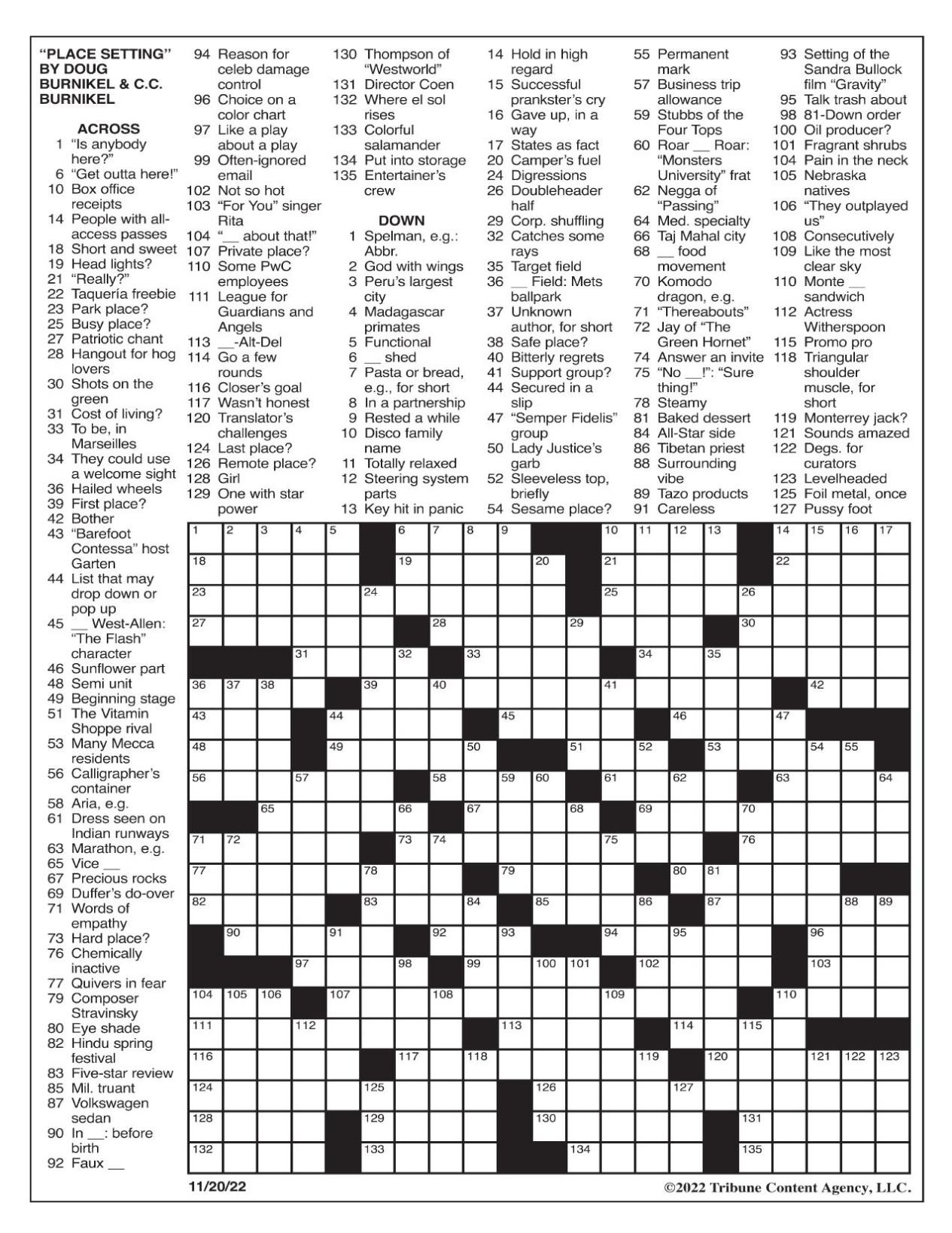 La Times Crossword: Nov. 20, 2022 | Crosswords | Yakimaherald throughout Free La Times Crossword Printable