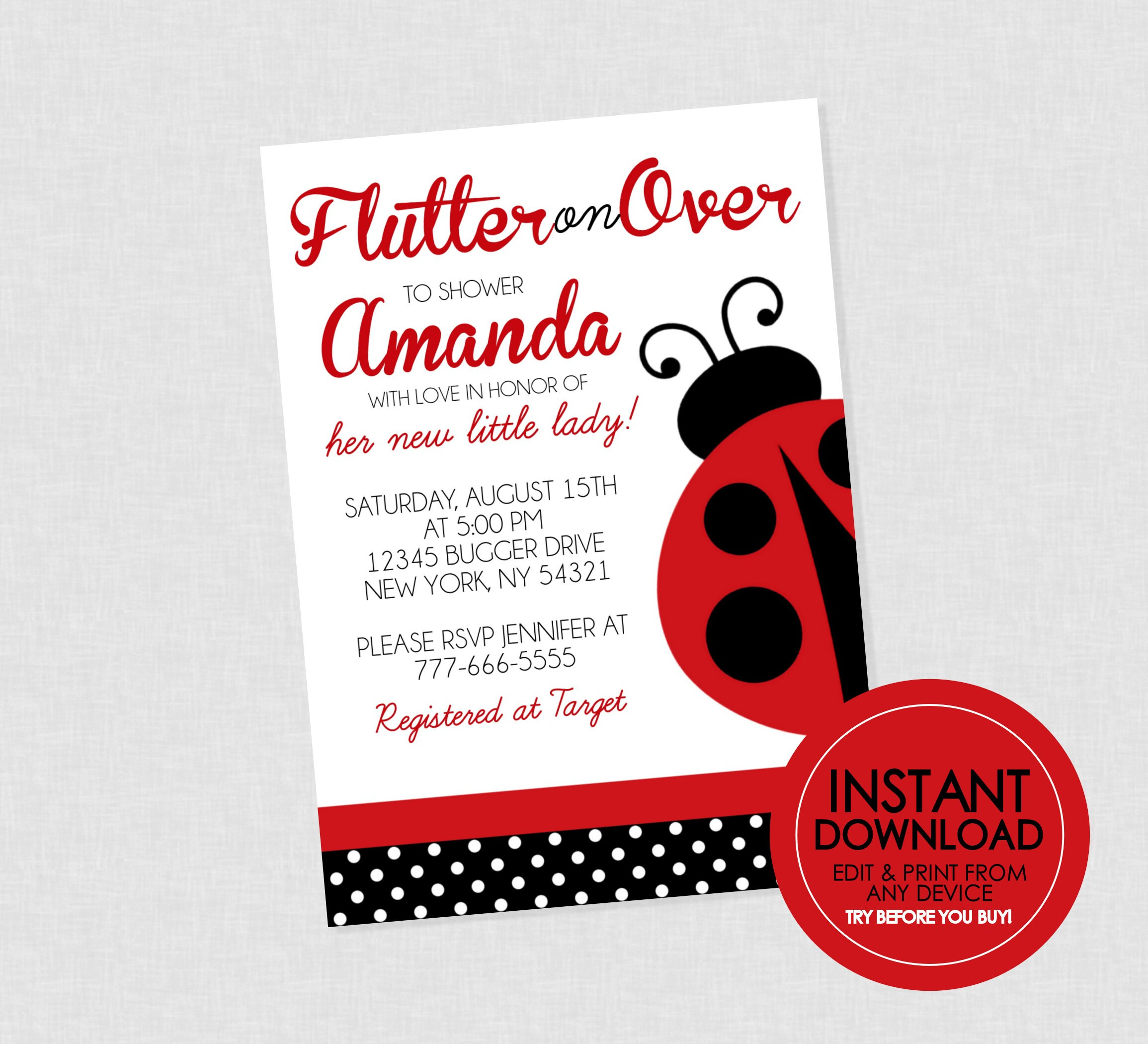 Ladybug Baby Shower Invitation Editable Instant Download Lady Bug regarding Free Printable Ladybug Baby Shower Invitations Templates