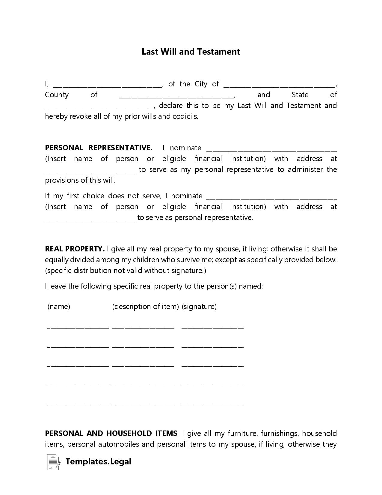 Last Will And Testament Templates [Word, Pdf, Odt] - Templates.legal in Free Printable Blank Last Will And Testament